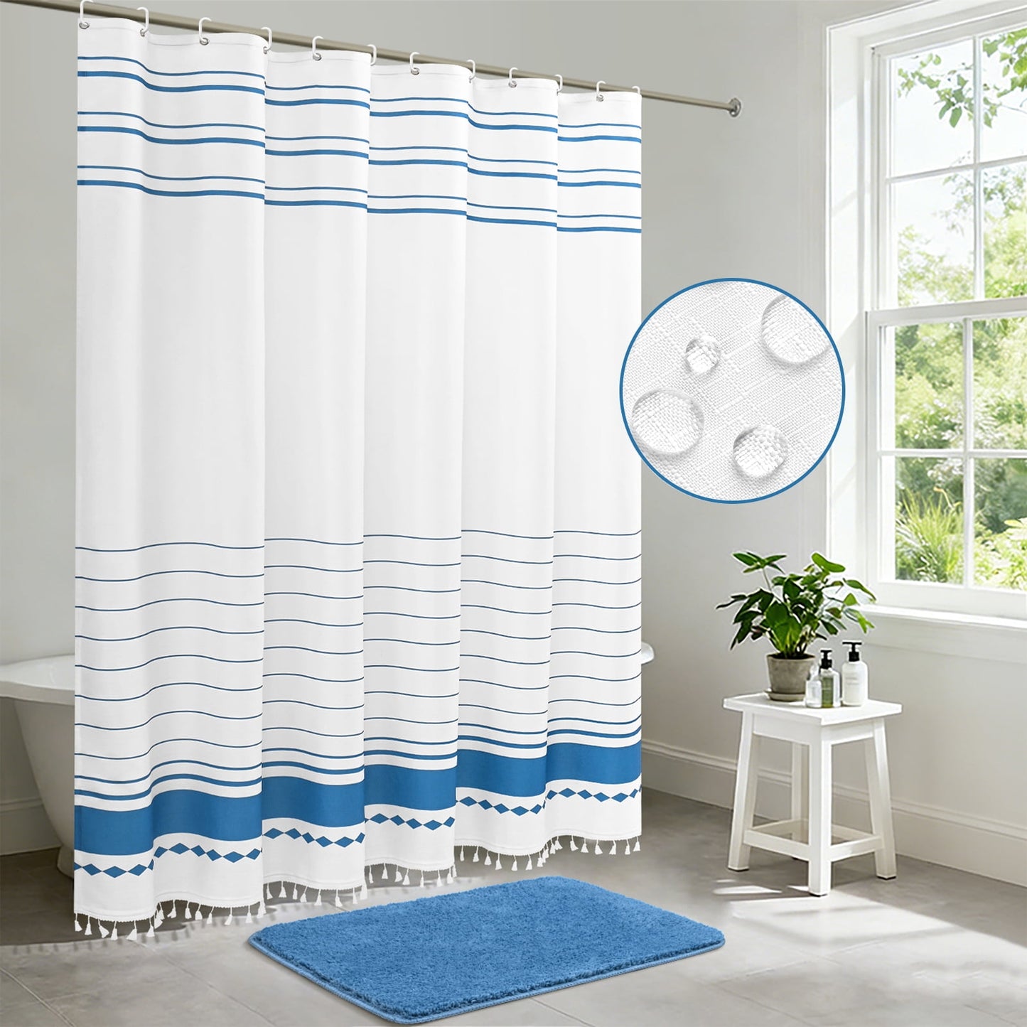 FRAMICS Striped Tassel Shower Curtain Sets with Bath Rug, Boho Farmhouse Bathroom Sets with Hooks, Heavy-Duty Fabric Slub Textured, Water-Repellent and Washable, 72" x 72", Blue