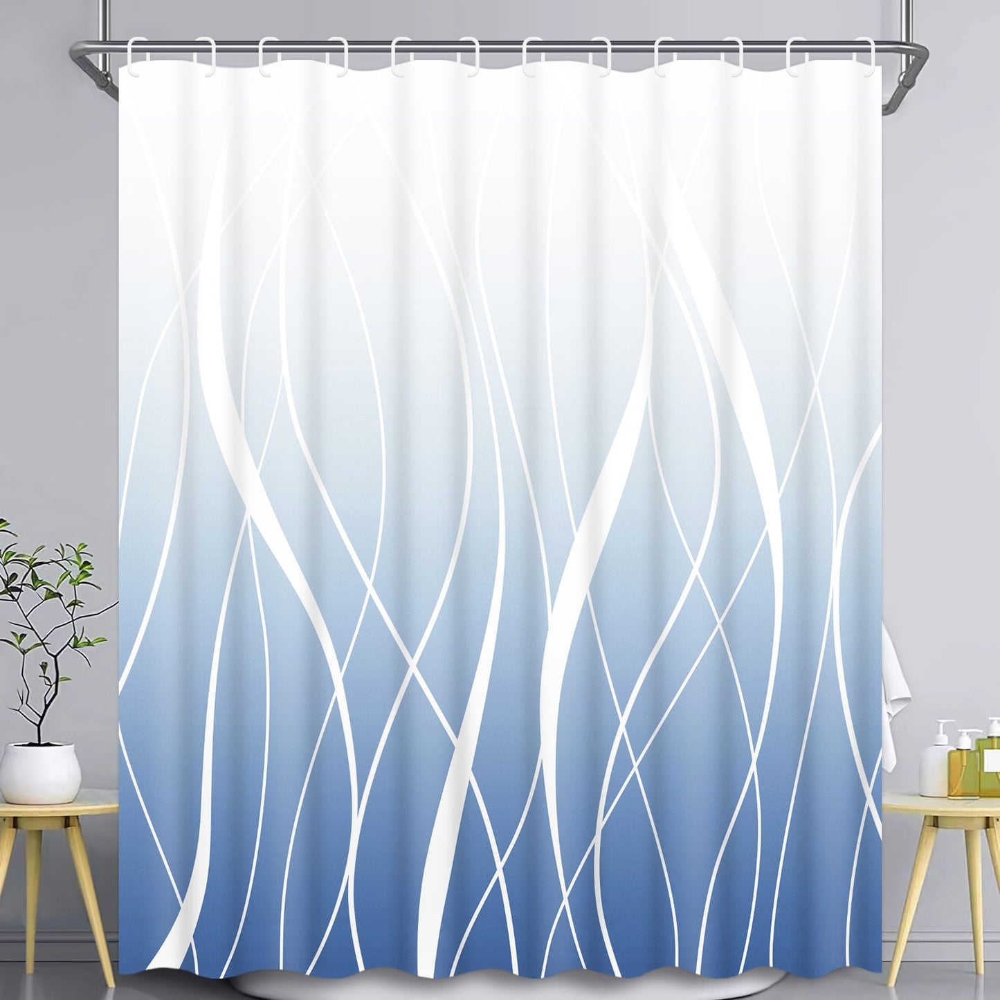 FRAMICS 15-Piece Ombre Blue Bathroom Sets with Shower Curtain and Rugs, Waterproof Fabric Striped Gradient Shower Curtain Sets, 72" x 72"