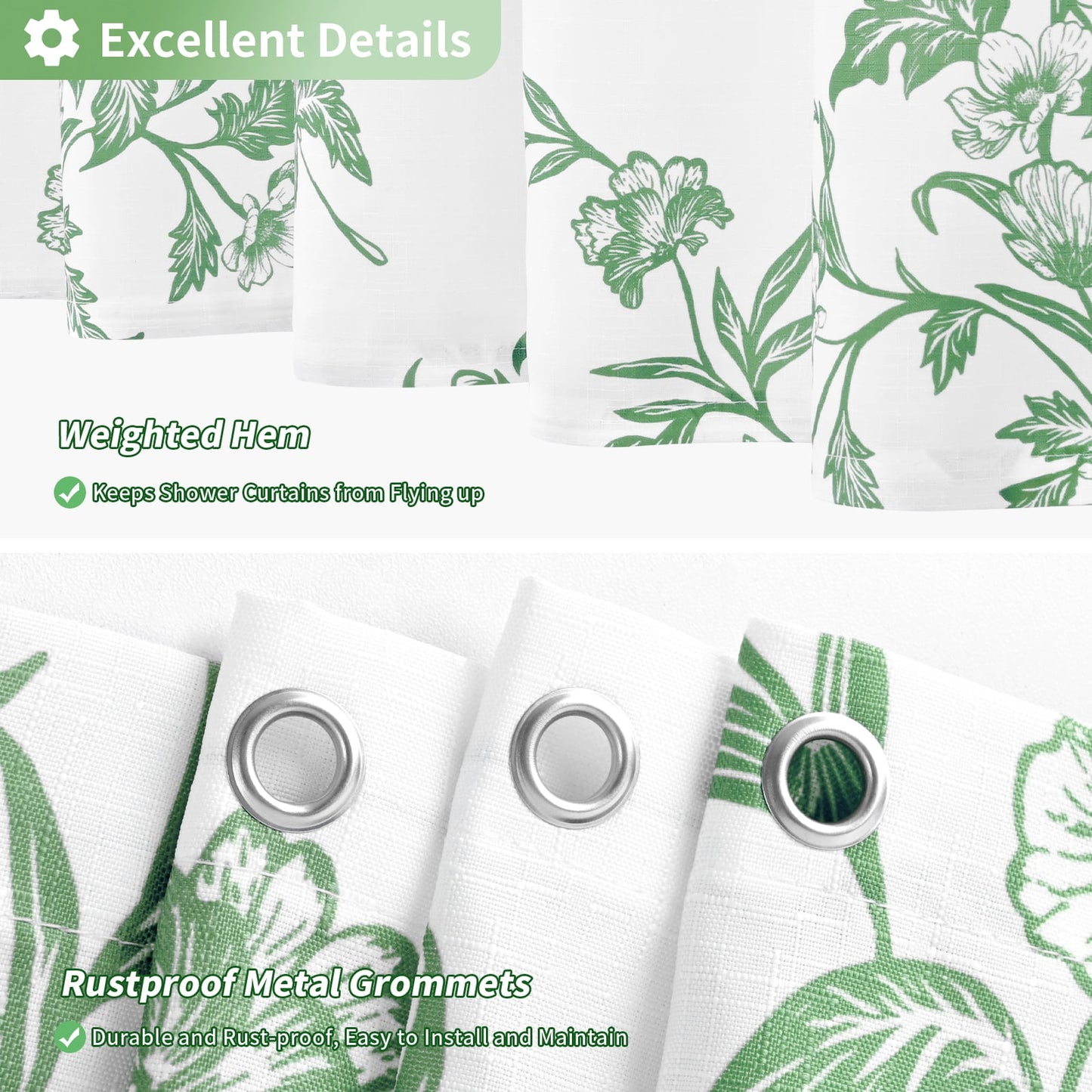 FRAMICS 14 Piece Floral Shower Curtain Sets with Rug, Slub Textured Heavy-Duty Fabric Bathroom Sets with Hooks, Waterproof & Washable, Sage Green, 72" x 72"
