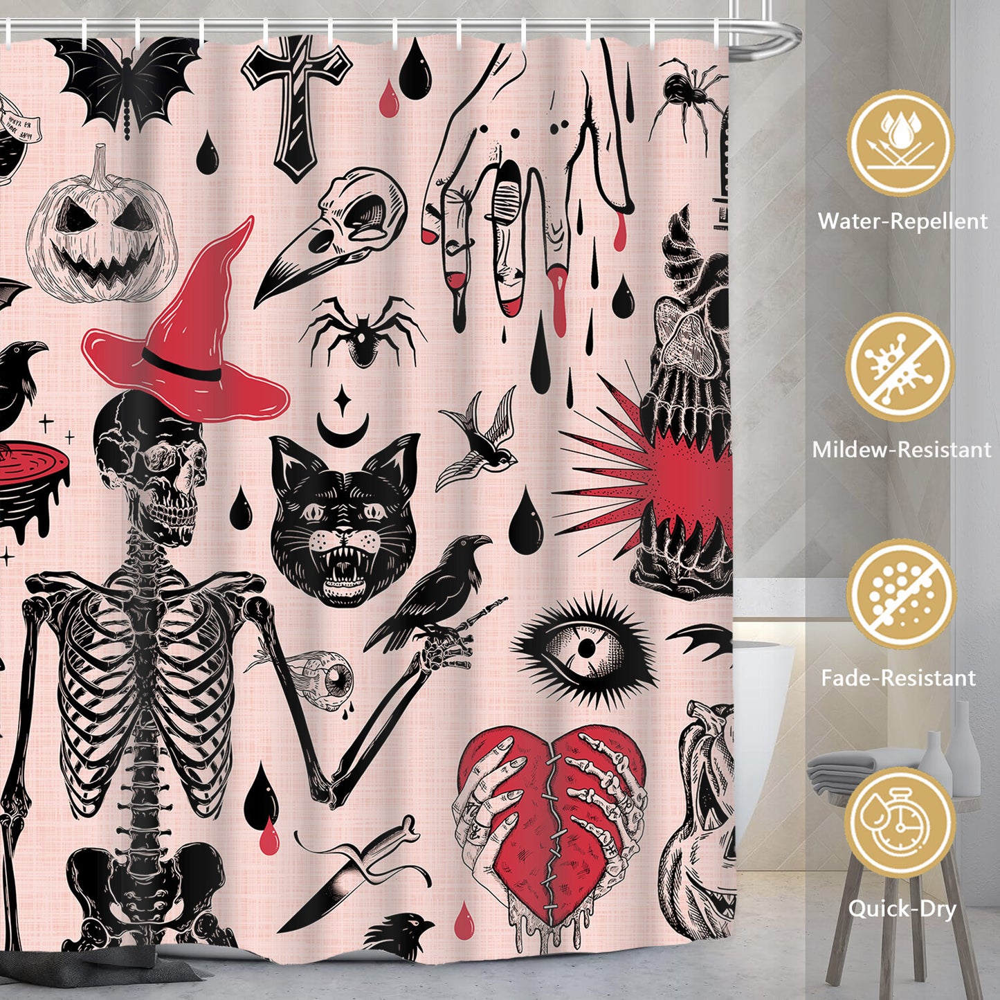 FRAMICS Halloween Shower Curtain Sets with Rugs, 16 Pc Scary Spooky Skeleton Devil Bat Bathroom Sets, Cute Pink Waterproof Fabric Shower Curtain with 12 Hooks and Toilet Rugs
