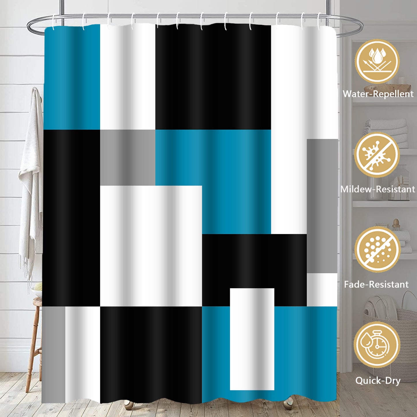 FRAMICS Blue Geometric Shower Curtain and Rug Sets, 16 Pc Black Grey Modern Abstract Bathroom Sets, Waterproof Fabric Shower Curtain with 12 Hooks and Toilet Rugs