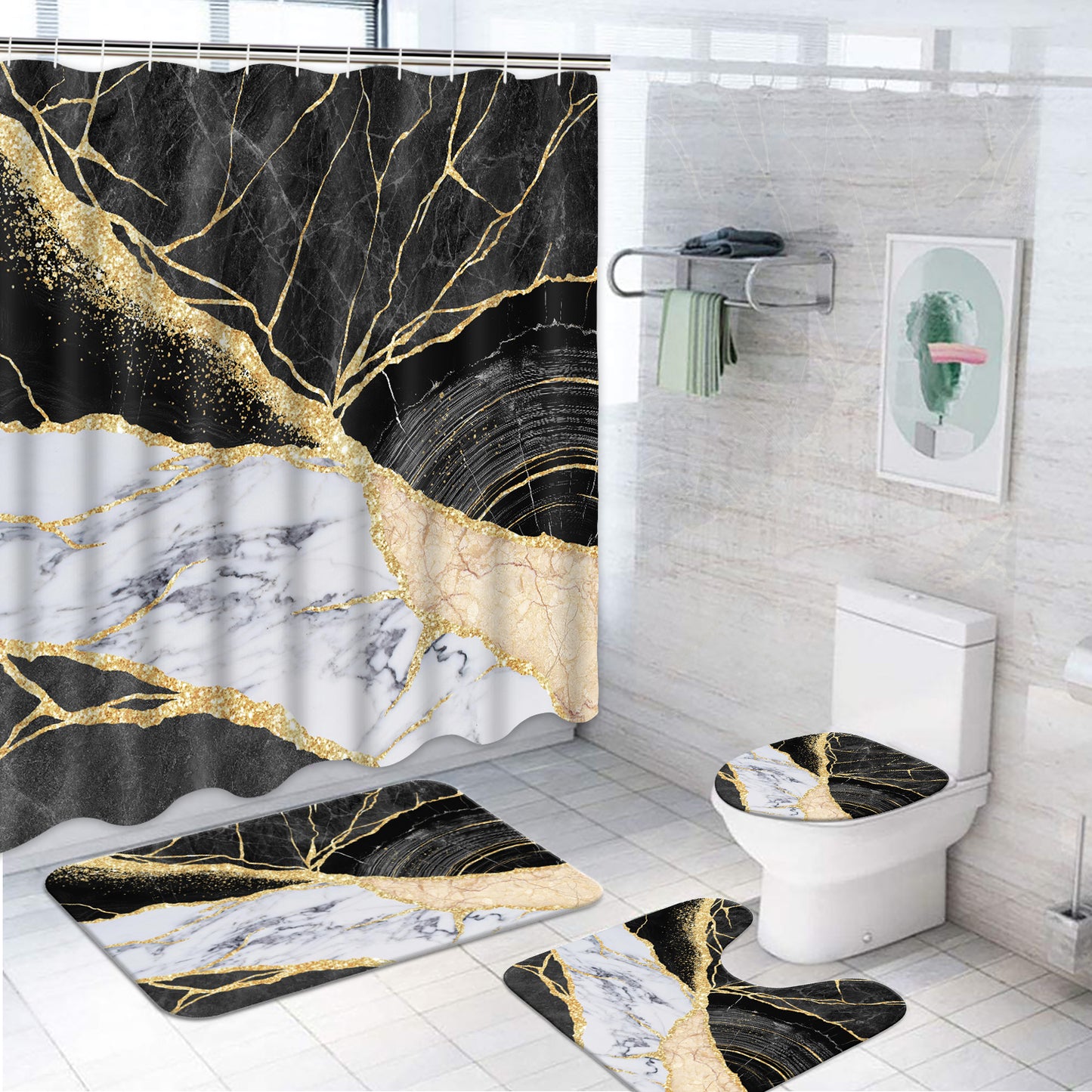 FRAMICS Black Gold Marble Shower Curtain and Rug Sets, 16 Pc Modern Bathroom Sets, Waterproof Fabric Shower Curtain with 12 Hooks and Toilet Rugs