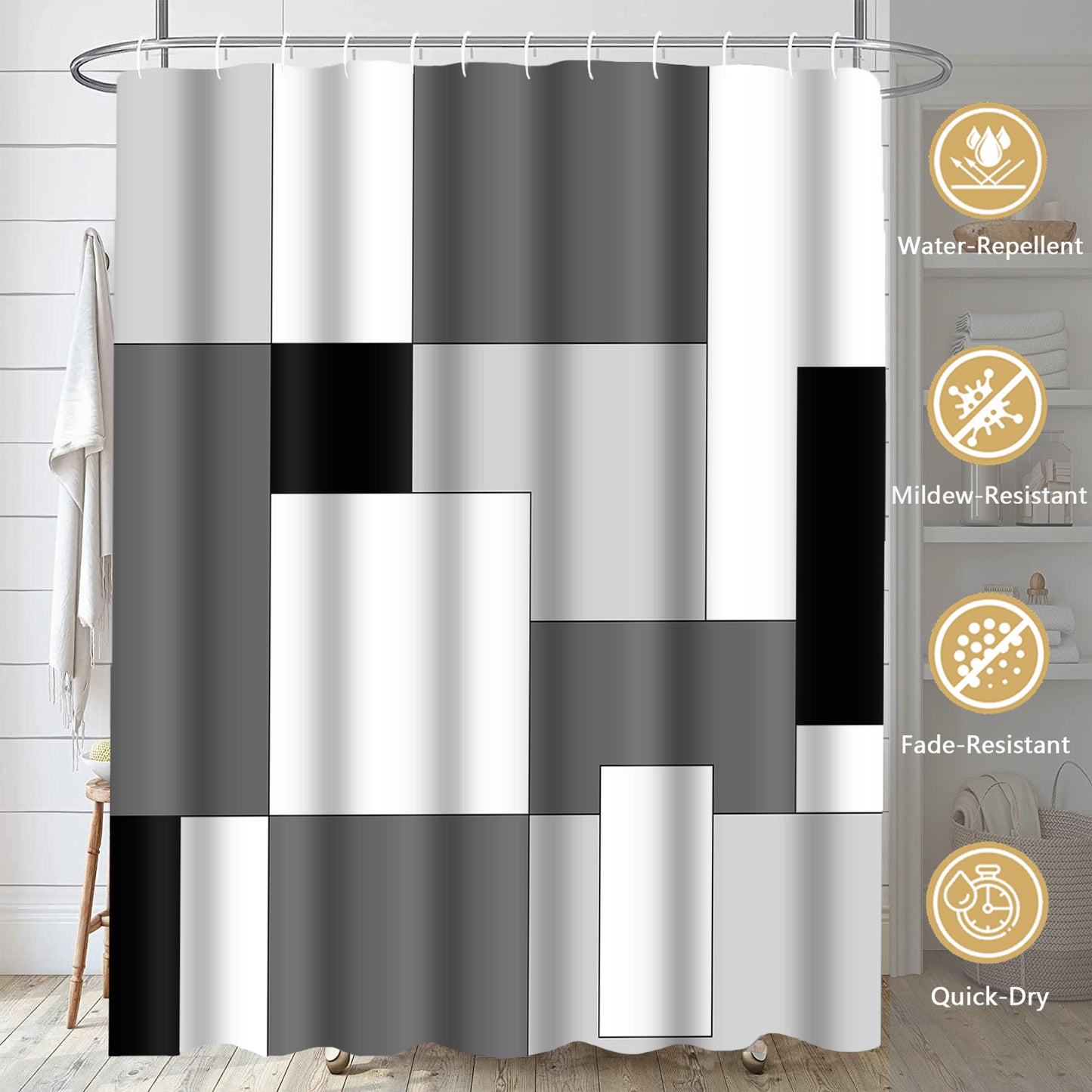 FRAMICS Gray Geometric Shower Curtain and Rug Sets, 16 Pc Black White Checkered Bathroom Sets, Modern Abstract Waterproof Fabric Shower Curtain Sets with 12 Hooks