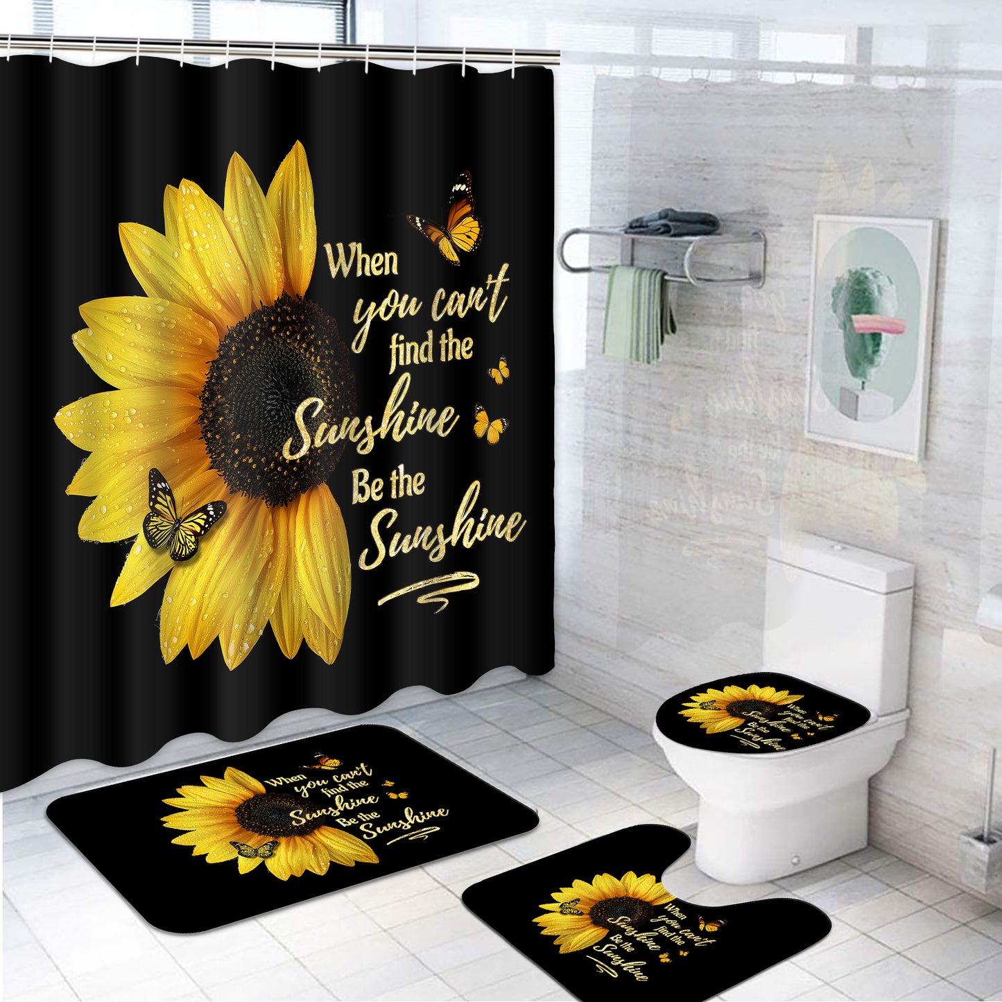 FRAMICS 16 Pc Sunflower Butterfly Shower Curtain and Rug Sets, Flower Quotes Bathroom Sets, Black Waterproof Fabric Shower Curtain with 12 Hooks and Toilet Rugs