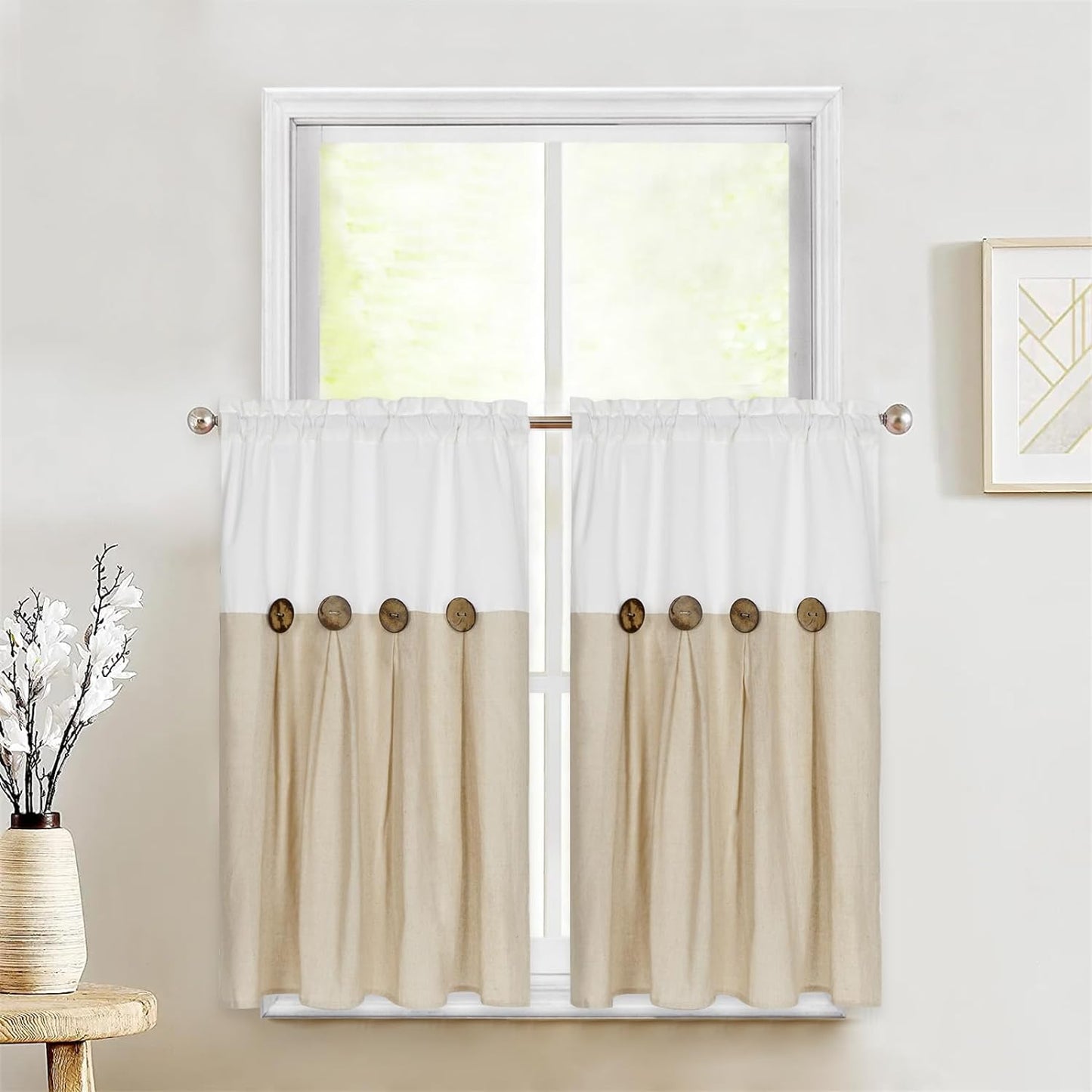 Alishomtll Linen Kitchen Curtains 36 inch Farmhouse Boho Button Light Filtering Window Drapes,Rod Pocket,36"L x 26"W, 2 Panel,Linen White