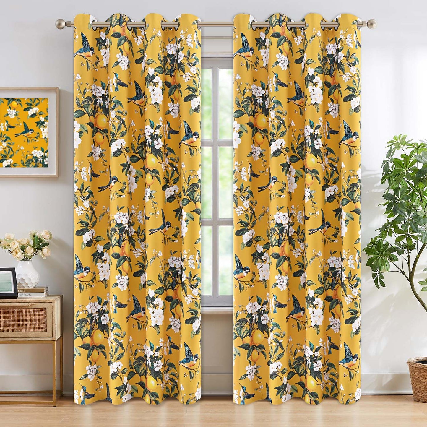 Alishomtll Floral Lemon Hummingbird Blackout Curtains Room Darkening Grommet Window Drapes for Living Room , 52" x84", ,Set of 2 Panels,Yellow