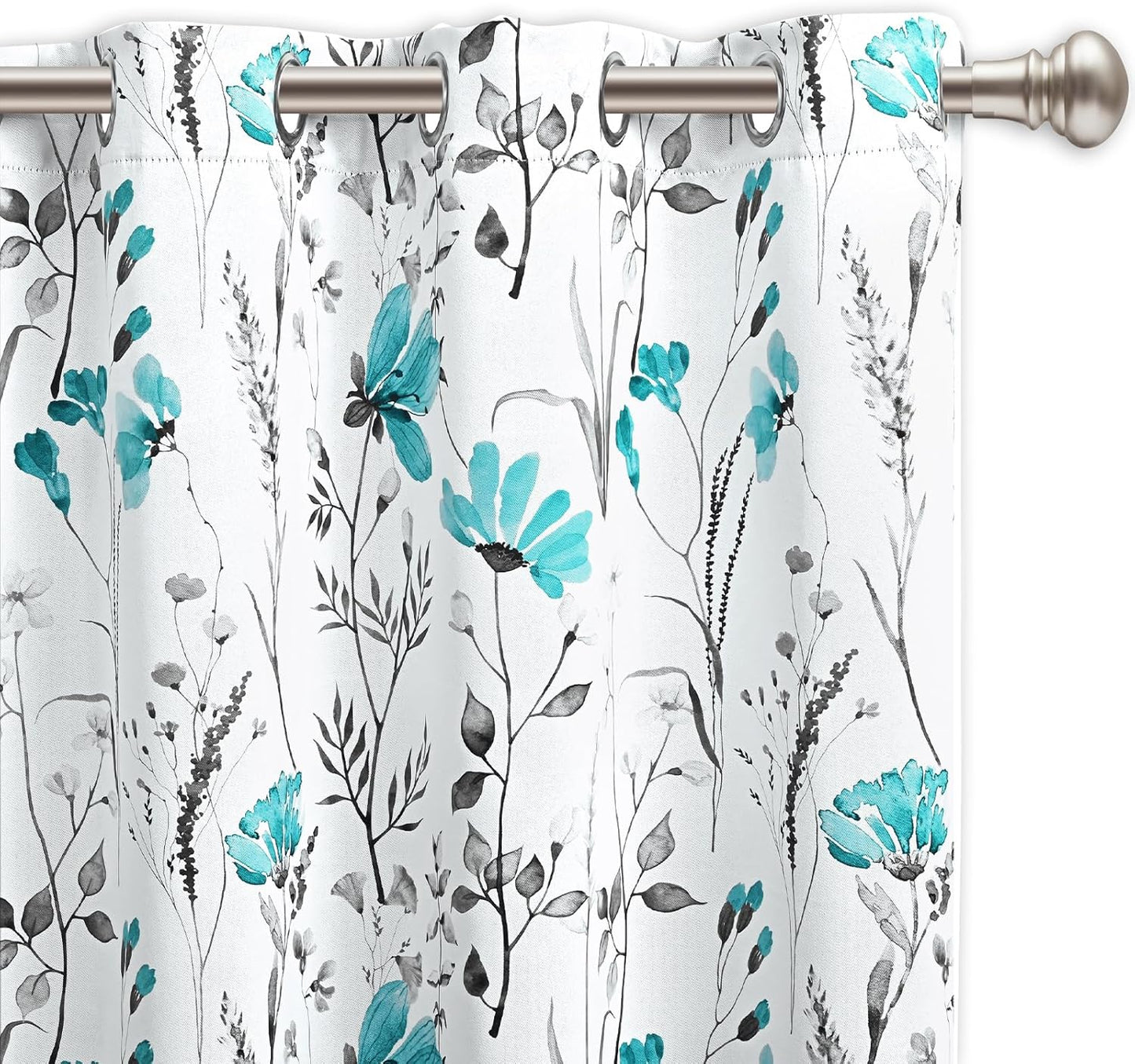 Alishomtll Teal Floral Blackout Curtains for Living Room Bedroom Energy Efficient Thermal Insulated Grommet Window Drapes, 52"x 63",Set of 2