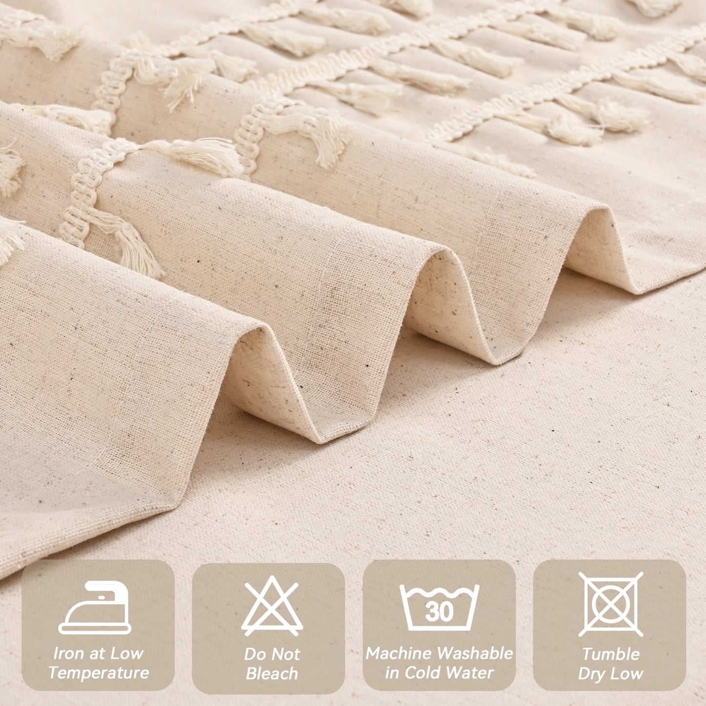 Alishomtll Boho Curtains for Living Room Semi Blackout Curtains with 8 Tassel Window Drapes Back Tab ,Natural，52"Wx63"L，2 Panels