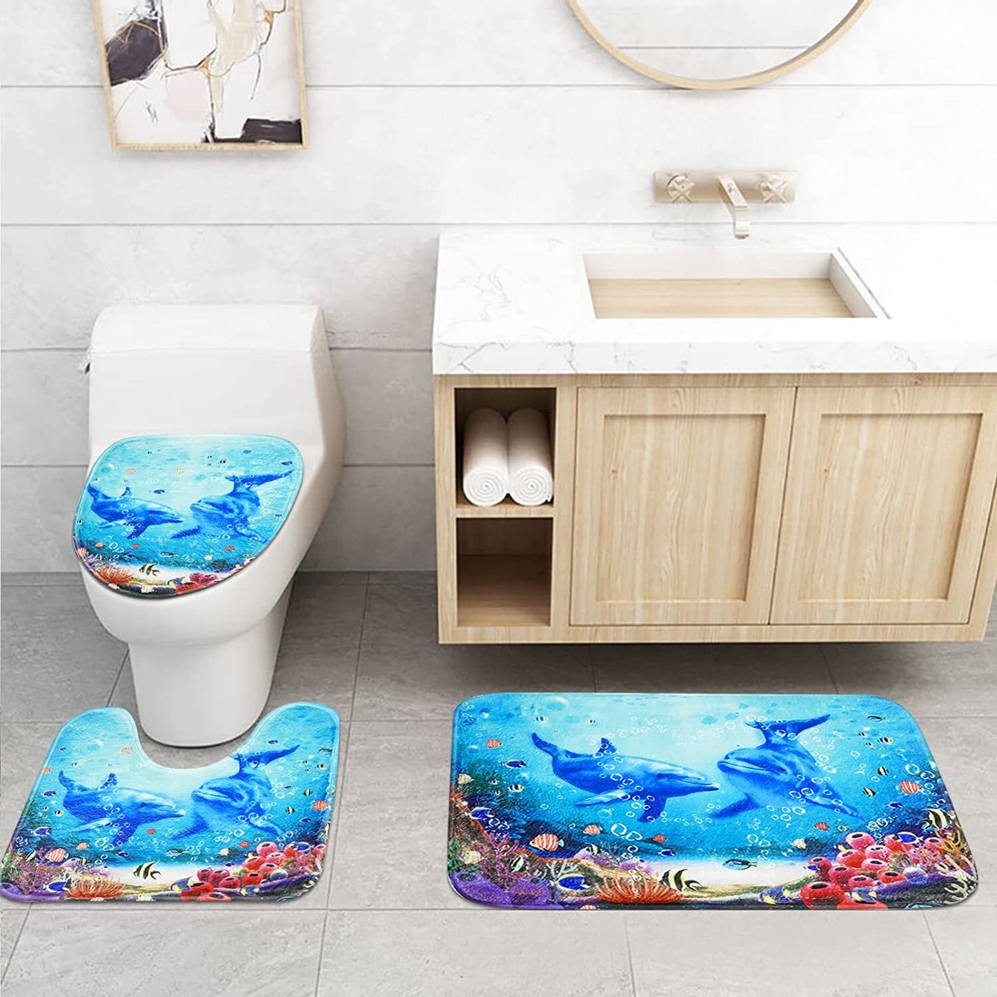 FRAMICS Blue Dolphin Shower Curtain and Rug Sets, 16 Pc Ocean World Bathroom Sets, Waterproof Fabric Shower Curtain with 12 Hooks and Toilet Rugs