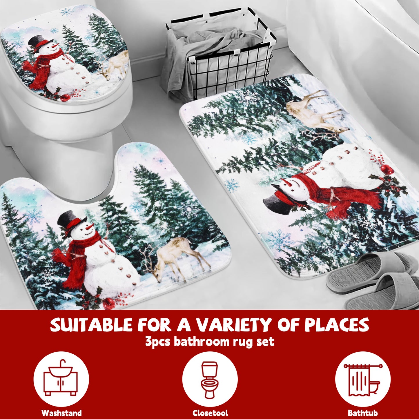FRAMICS Christmas Snowman Shower Curtain Sets with Rugs, 16 Pcs Winter Pine Forest Deer Bathroom Sets, Waterproof Fabric Bathroom Curtain for Home Holiday Decor with Hooks