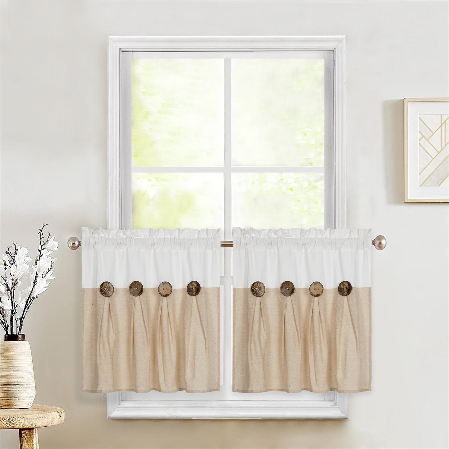 Alishomtll Linen Kitchen Curtains 24 inch Farmhouse Boho Button Light Filtering Window Drapes,Rod Pocket,24"L x 26"W, 2 Panel,Linen White