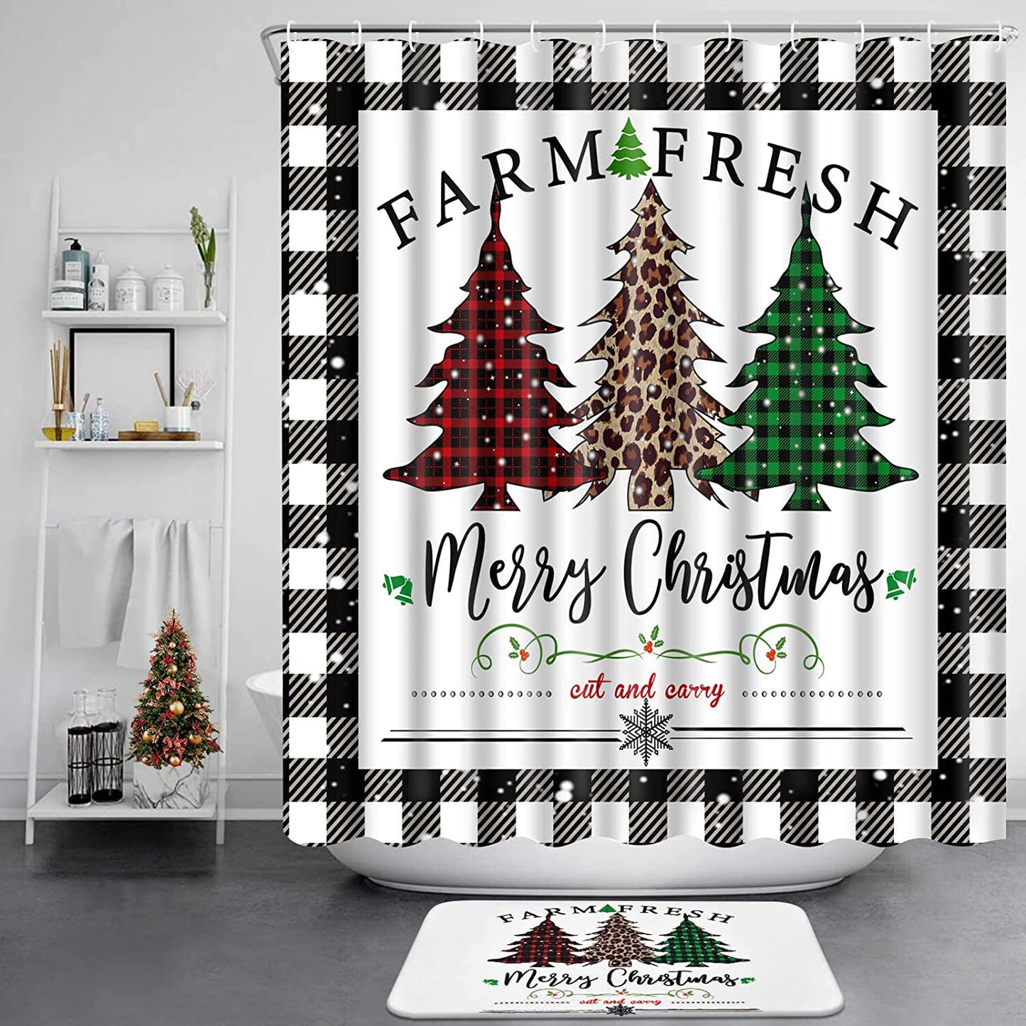FRAMICS Merry Christmas Shower Curtains and Bath Rug Set, Buffalo Plaid Bathroom Decor Sets, Xmas Trees Waterproof Fabric Shower Curtain with 12 Hooks and Toilet Rugs