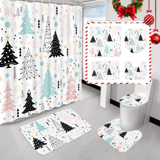 FRAMICS Christmas Shower Curtain Sets with Rugs, 16 Pcs Xmas Tree Bathroom Sets, Waterproof Fabric Bathroom Curtain for Home Holiday Decor with Hooks