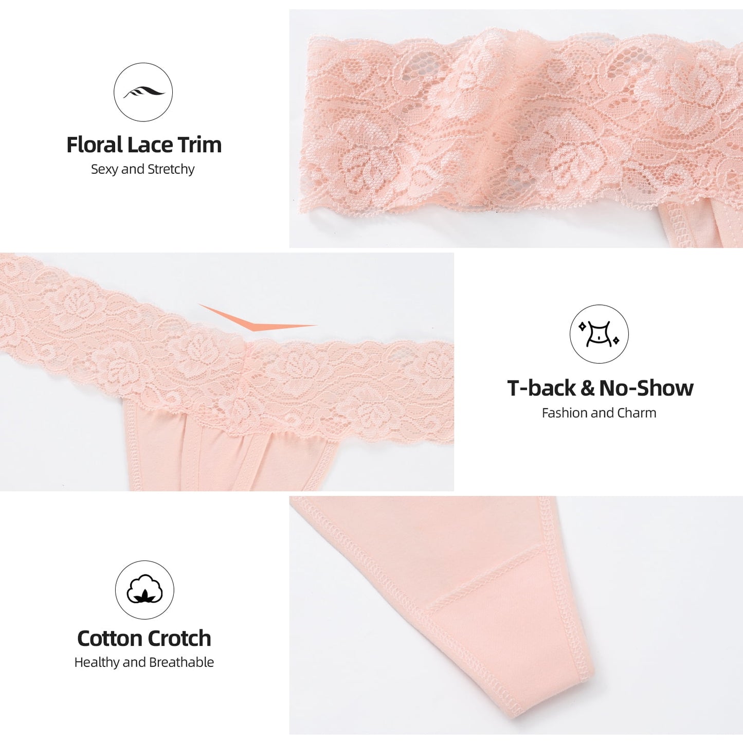 Sunm Boutique Lace Thongs for Women Low Rise T Back Cheeky Panties Cotton Womens Underwear,8 Pack