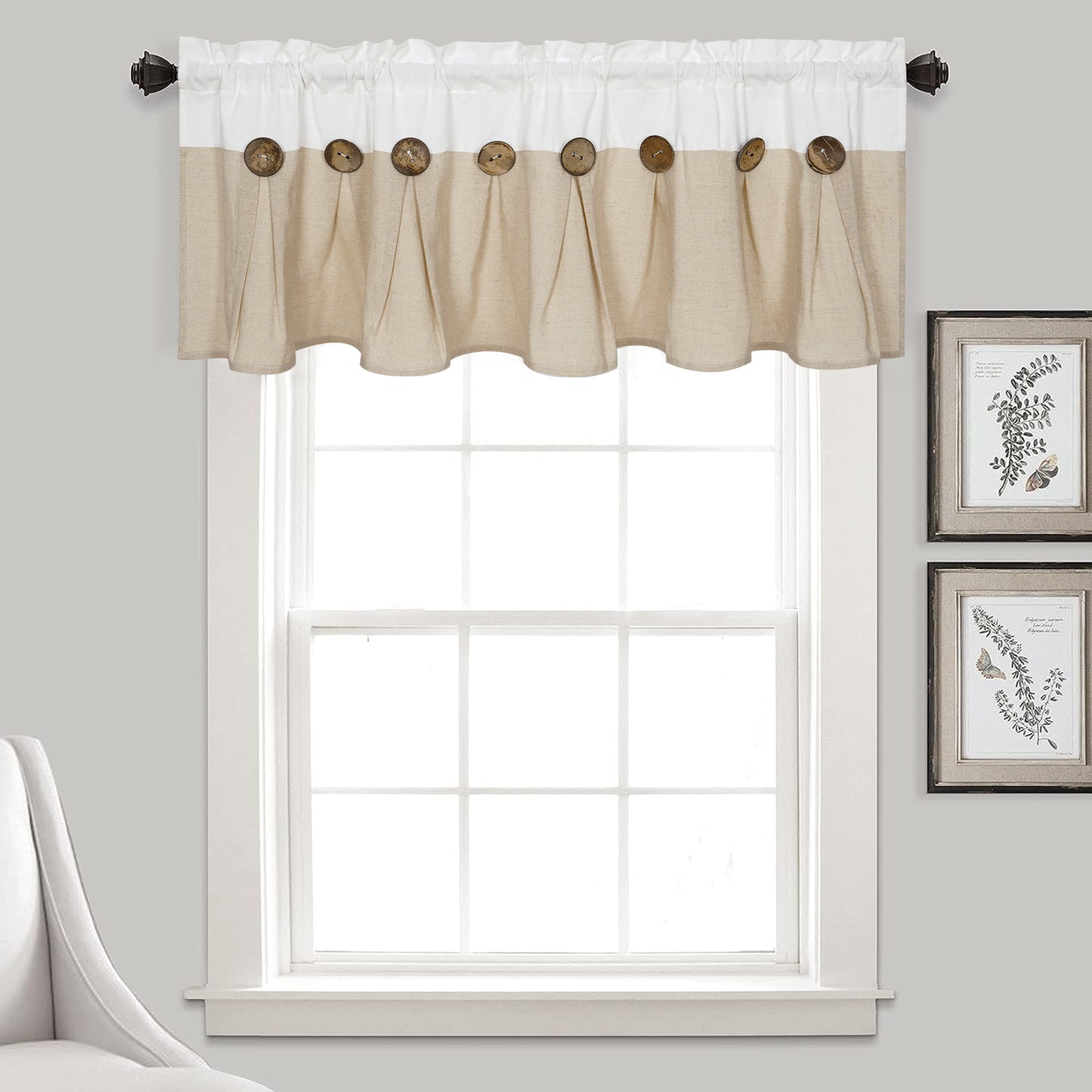 Alishomtll Linen Valance Farmhouse Boho Button Kitchen Curtains ,Rod Pocket,18"L x 52"W, Linen White