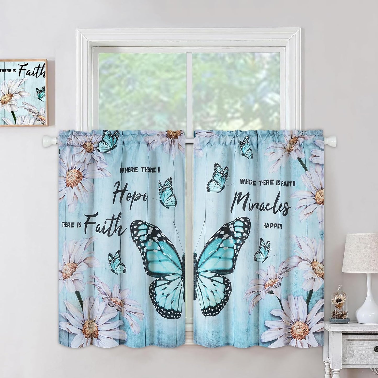 Alishomtll Kitchen Curtains Butterfly Floral Print Window Curtain Tier Sets Rod Pocket, 26"Wx36"L,2 Panels,Teal