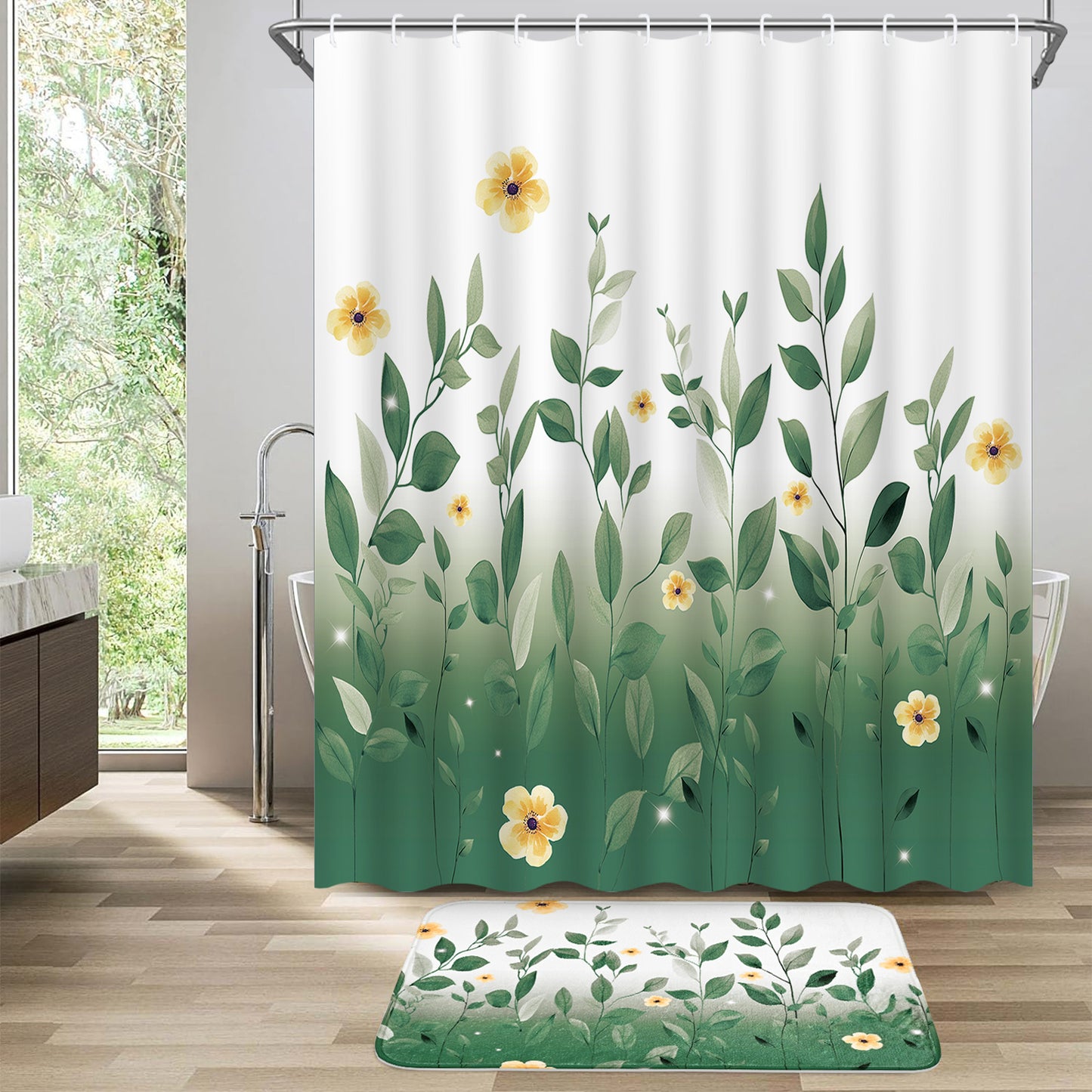 FRAMICS 16-Piece Ombre Floral Shower Curtain Sets with Rugs, Green Eucalyptus Leaves Bathroom Sets, Waterproof Fabric Bathroom Curtain Decor with Hooks