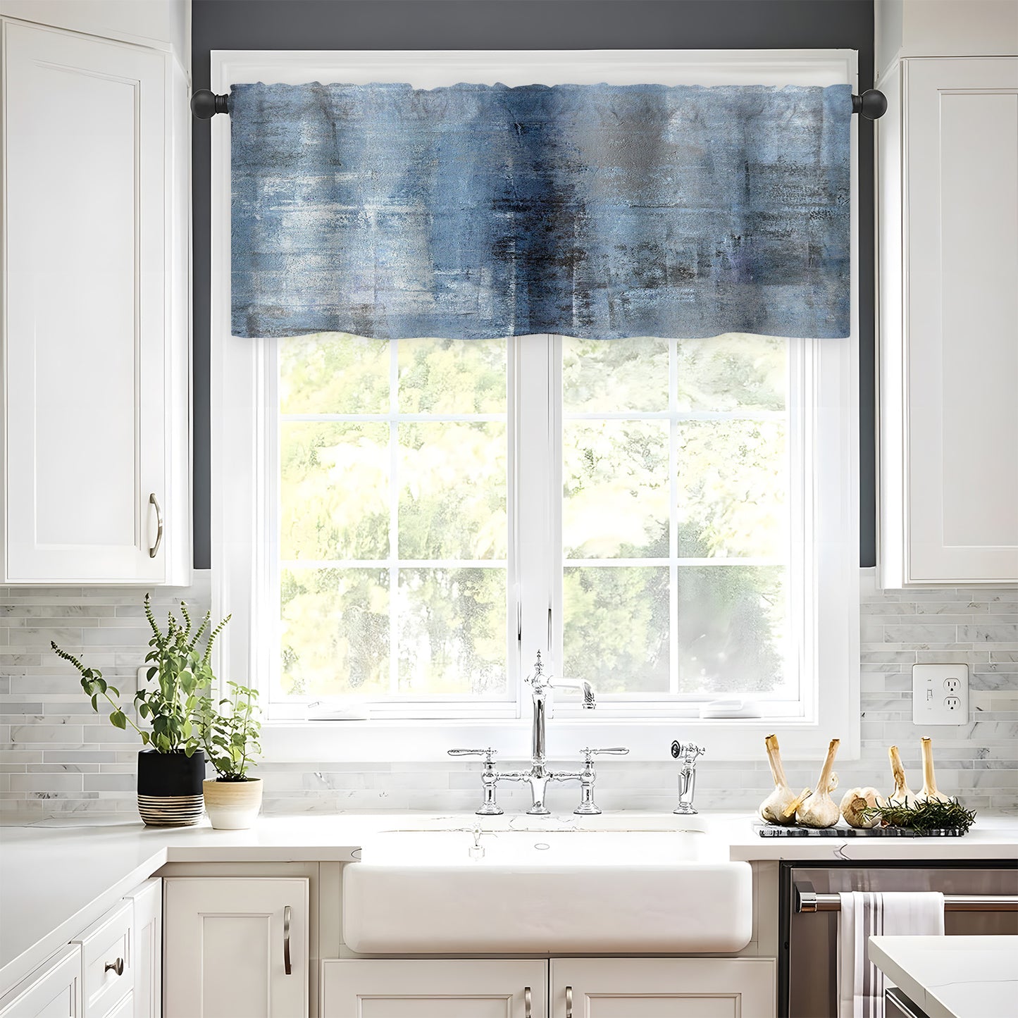 Alishomtll Curtain Valances for Kitchen Living Room Bedroom Blue Grey Rod Pocket Valance ,54 x 18 inch