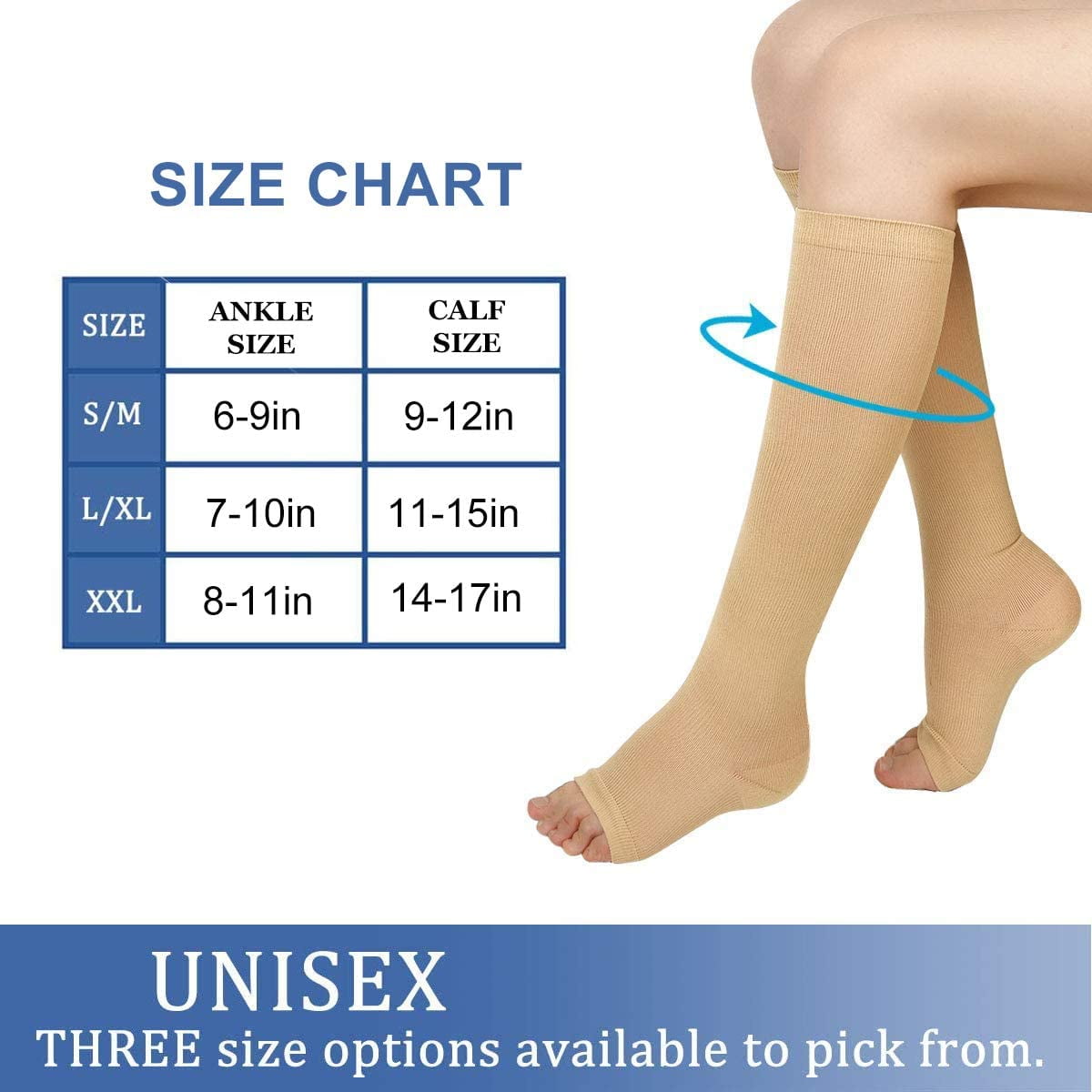 Wukang 3 Pairs S M Knee High Compression Stockings Open Toe 15-20mmhg Compression Socks for Woman Men