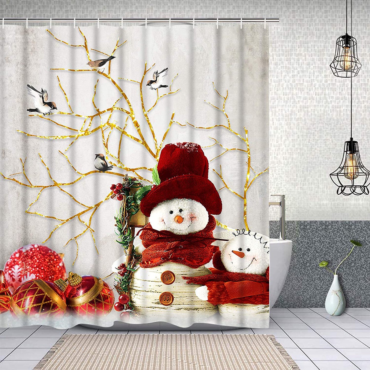 FRAMICS Christmas Shower Curtains and Bath Rug Set, Winter Snowman Bathroom Decor Sets, Xmas Waterproof Fabric Shower Curtain with 12 Hooks and Toilet Rugs