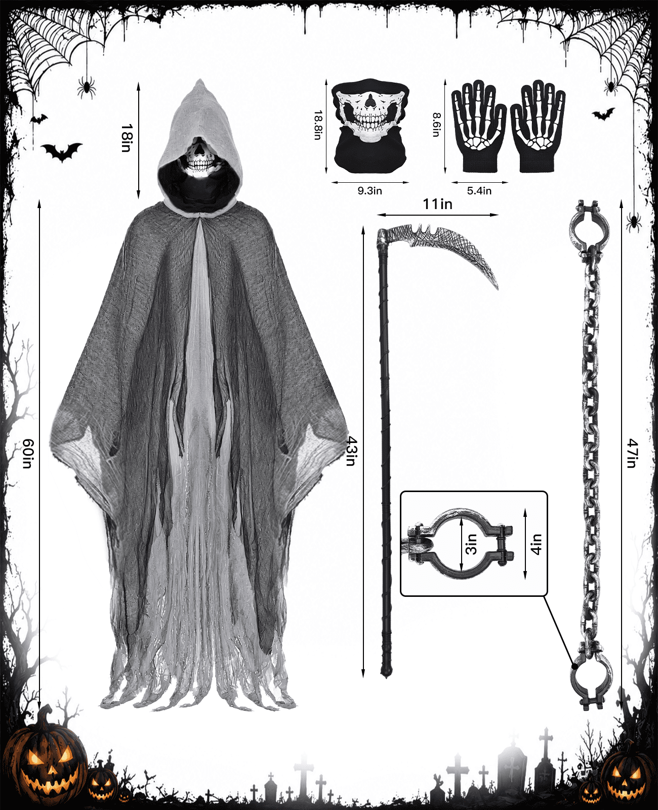 MecTo Halloween Grim Reaper Costume Adults, Scary Hooded Cloak with Skull Mask, Scythe, Gloves, Chain Cuffs