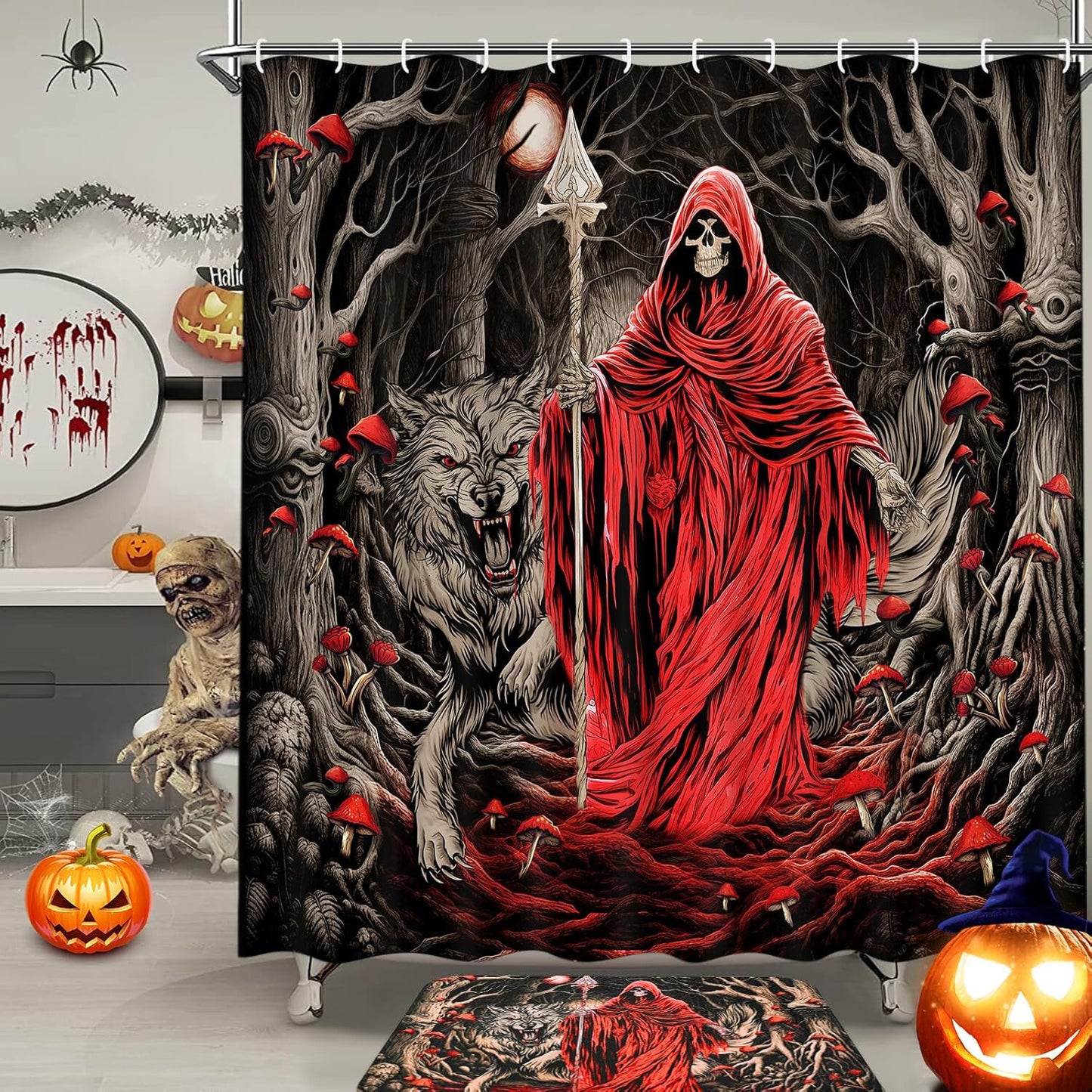 FRAMICS Halloween Death Shower Curtain Sets with Rugs, 16 Pc Goth Scary Skull Bathroom Sets, Red Waterproof Fabric Shower Curtain with 12 Hooks and Toilet Rugs