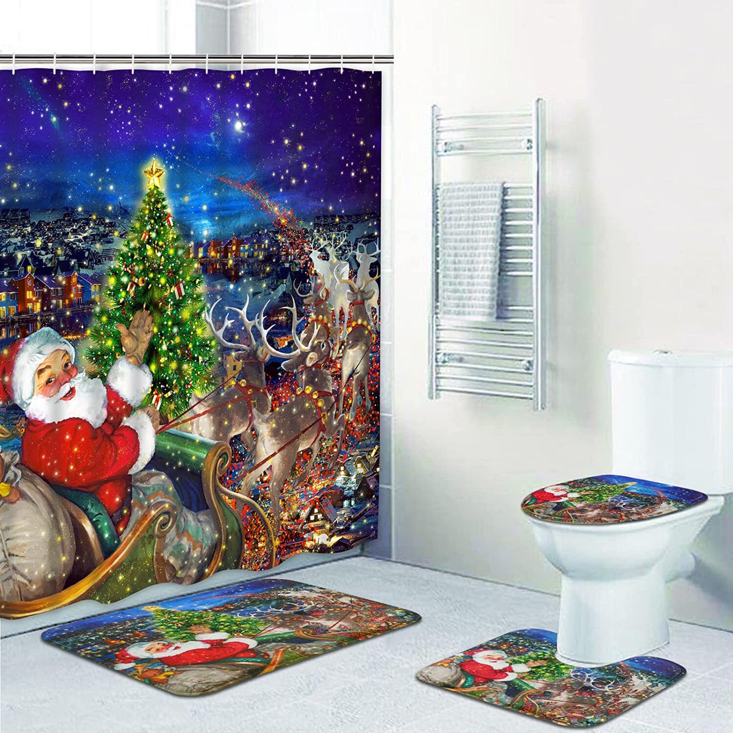 FRAMICS Christmas Shower Curtains and Bath Rug Set, Santa Reindeer Bathroom Decor Sets, Xmas Waterproof Fabric Shower Curtain with 12 Hooks and Toilet Rugs