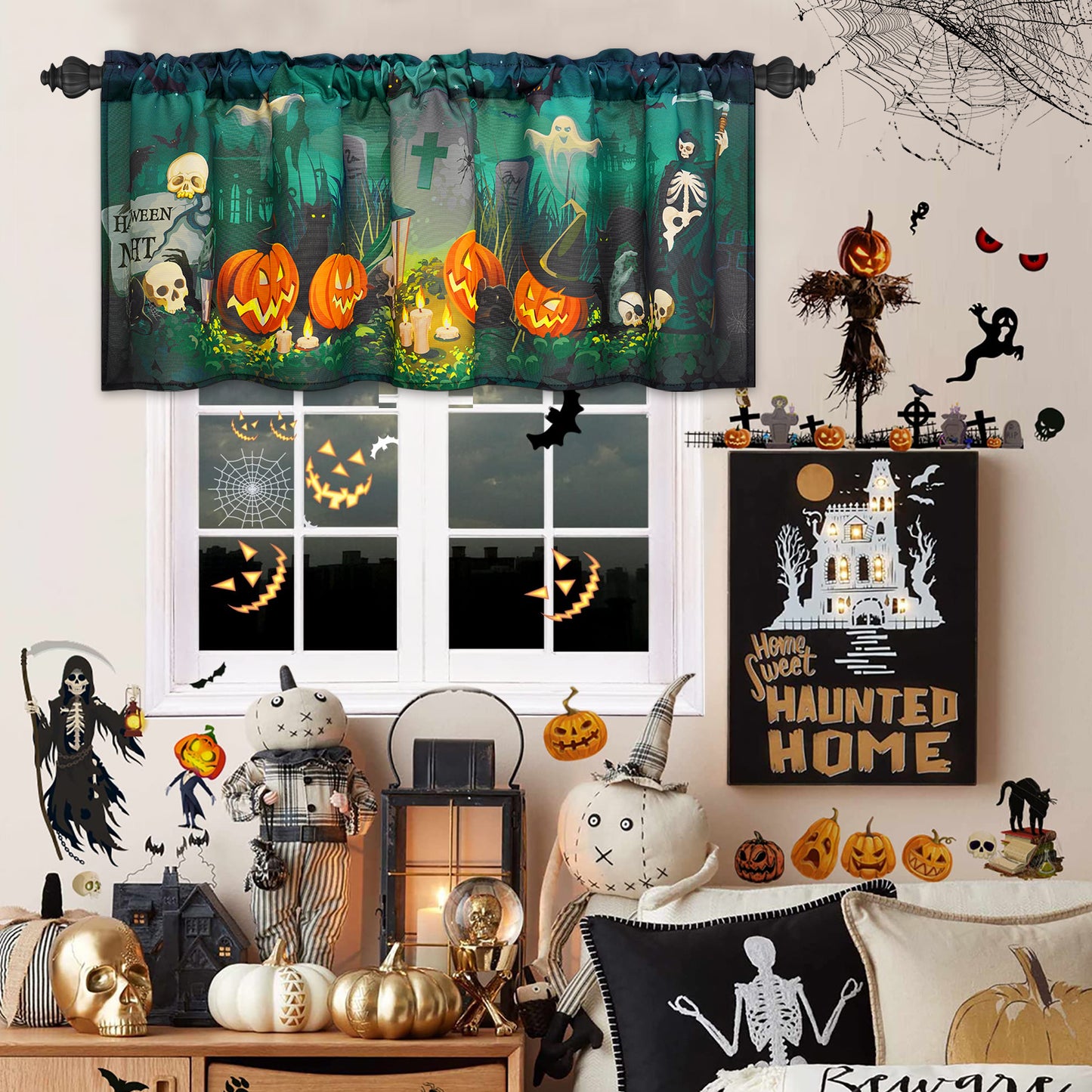 Alishomtll Halloween Valances Curtains Kitchen Tombstones and Trees Ghost Pumpkin Windows Drapes ,52 X 18 Inch,Rod Pocket