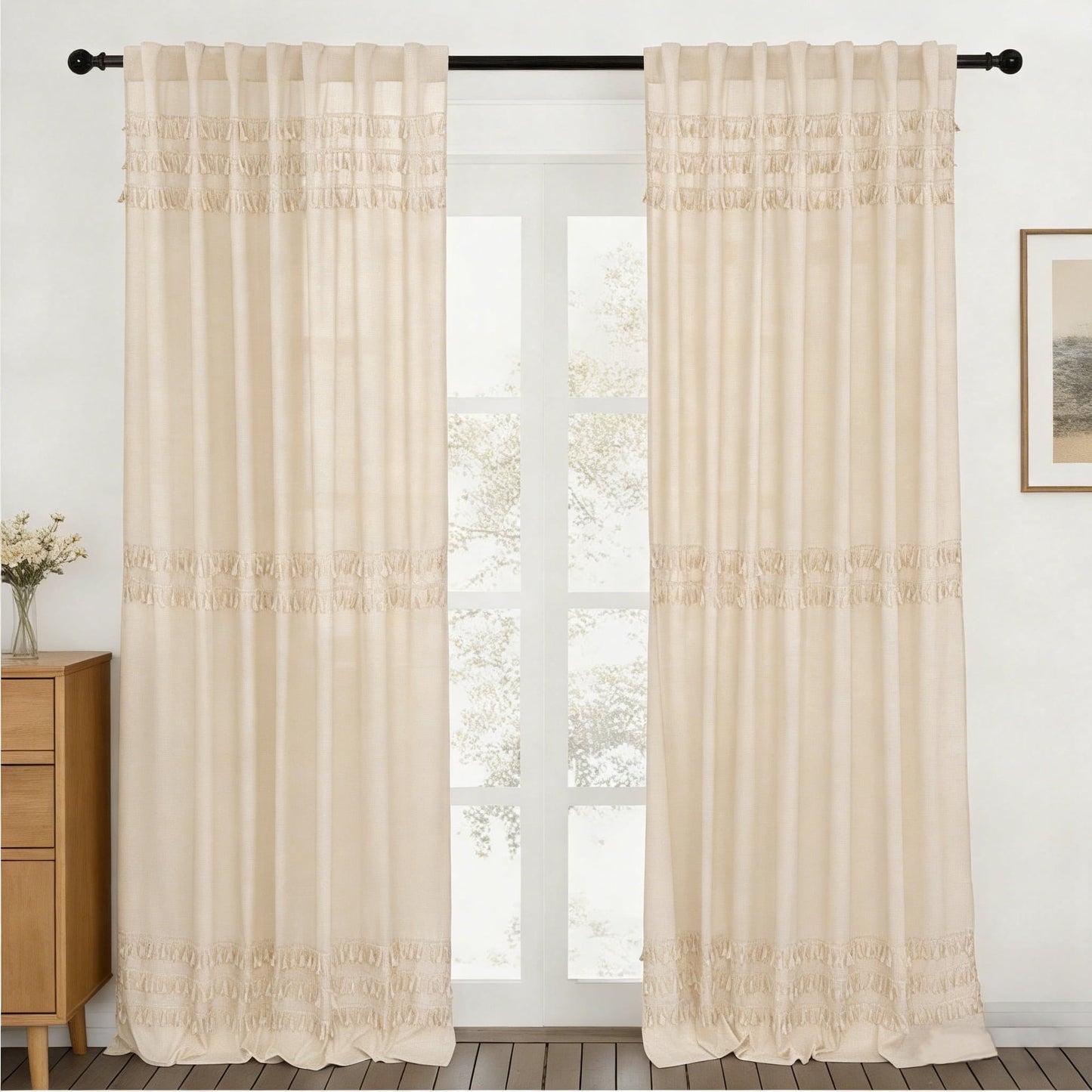Alishomtll Boho Curtains for Living Room Semi Blackout Curtains with 8 Tassel Window Drapes Back Tab ,Natural，52"Wx84"L，2 Panels