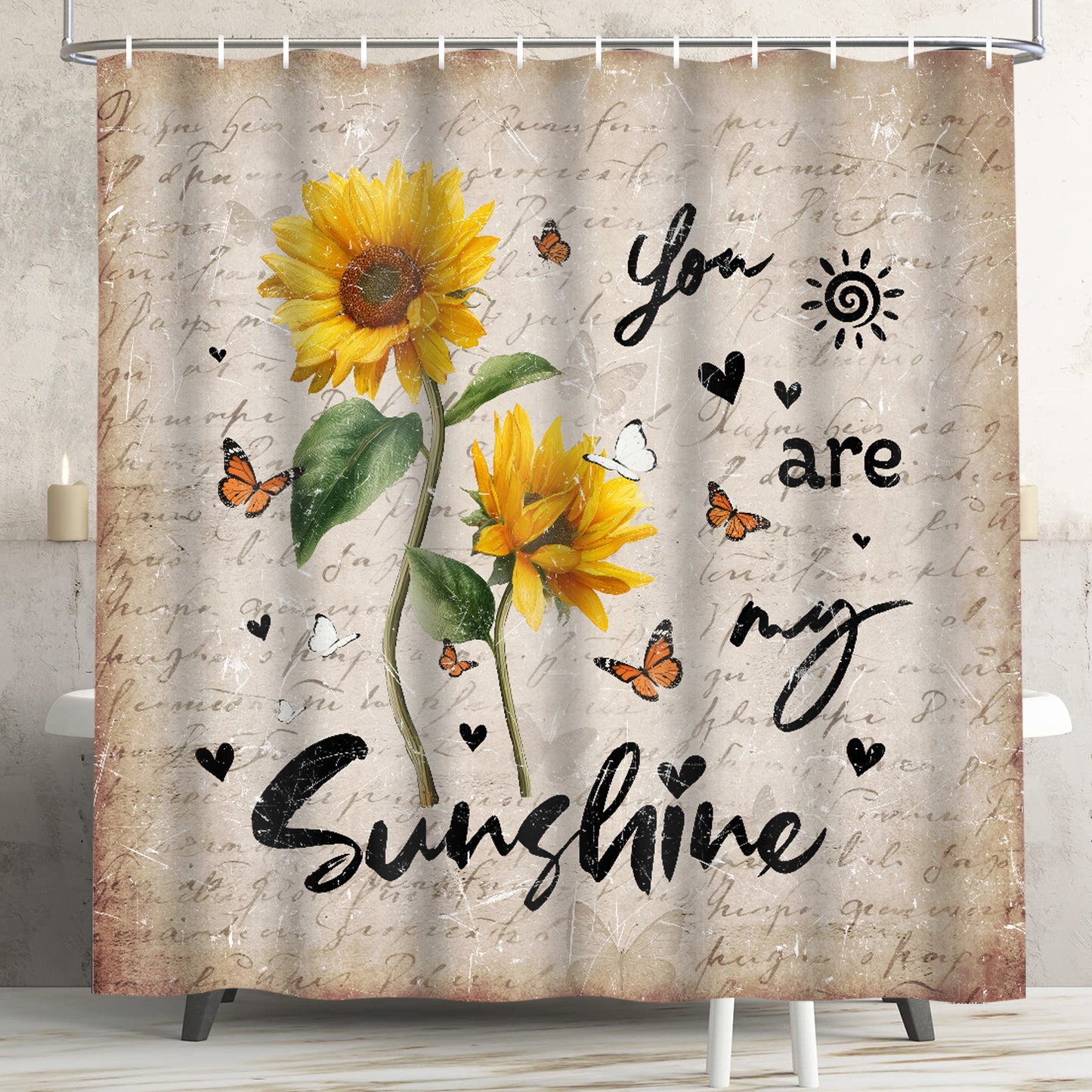 FRAMICS Beige Sunflower Shower Curtain and Rug Sets, 16 Pc You are My Sunshine Bathroom Sets, Waterproof Fabric Shower Curtain with 12 Hooks and Toilet Rugs