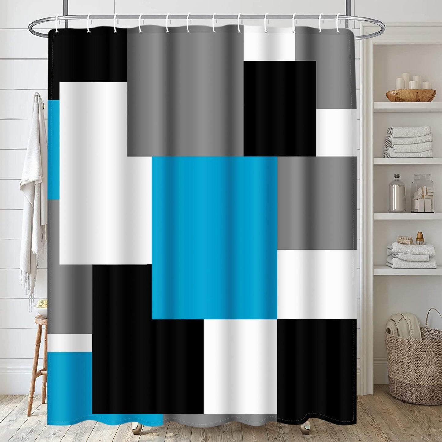 FRAMICS Blue Geometric Shower Curtain and Rug Sets, 16 Pc Black Grey Modern Abstract Bathroom Sets, Waterproof Fabric Shower Curtain with 12 Hooks and Toilet Rugs