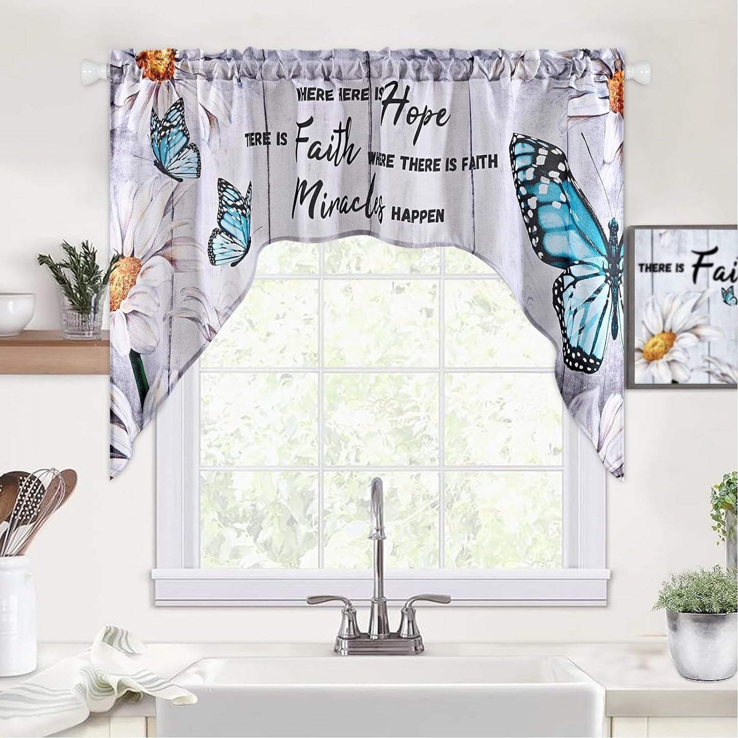 Alishomtll Kitchen Curtains Valances Swags for Windows Butterfly Floral Printed Window Drapes,61" W x 36" L,Rod Pocket,Gray