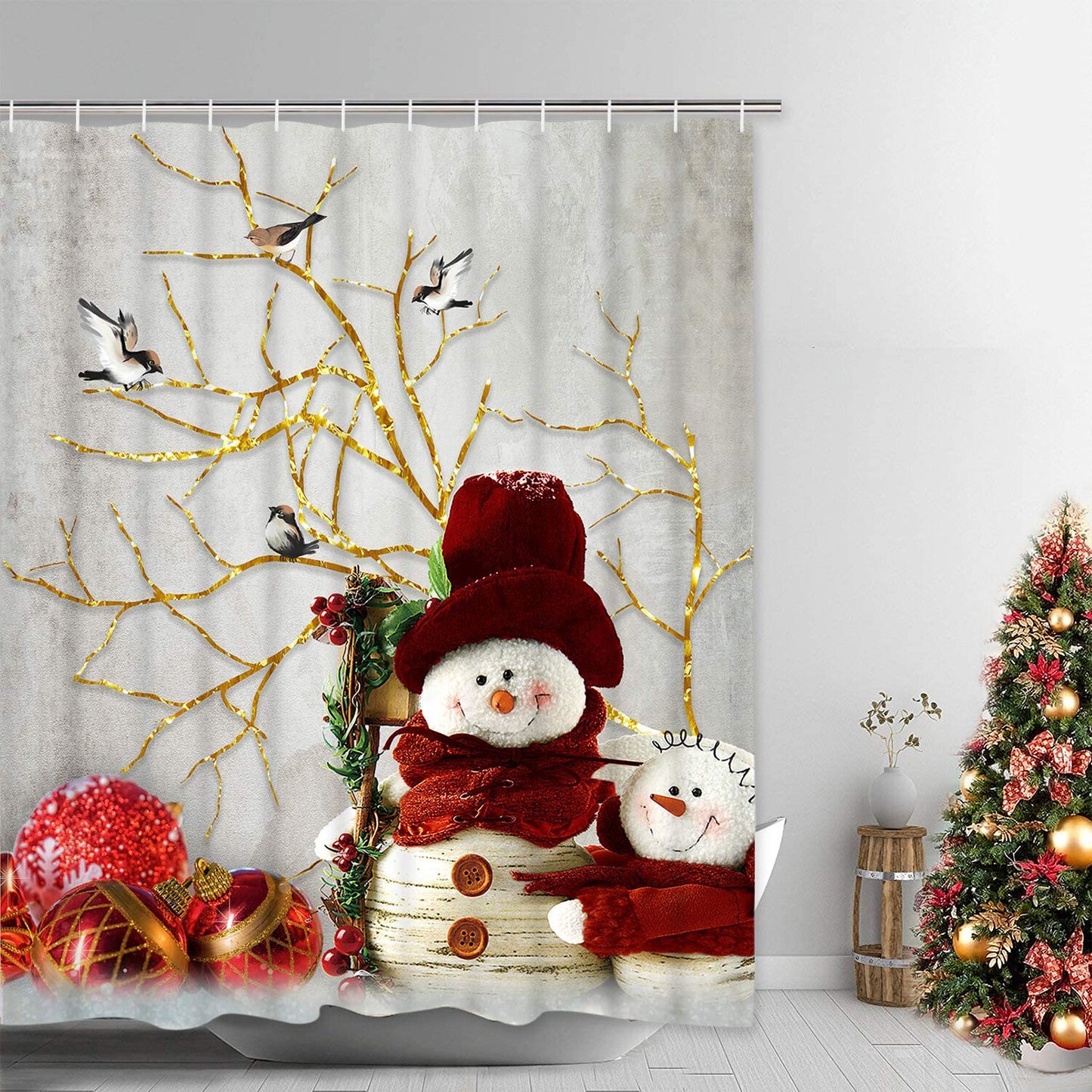 FRAMICS Christmas Shower Curtains and Bath Rug Set, Winter Snowman Bathroom Decor Sets, Xmas Waterproof Fabric Shower Curtain with 12 Hooks and Toilet Rugs
