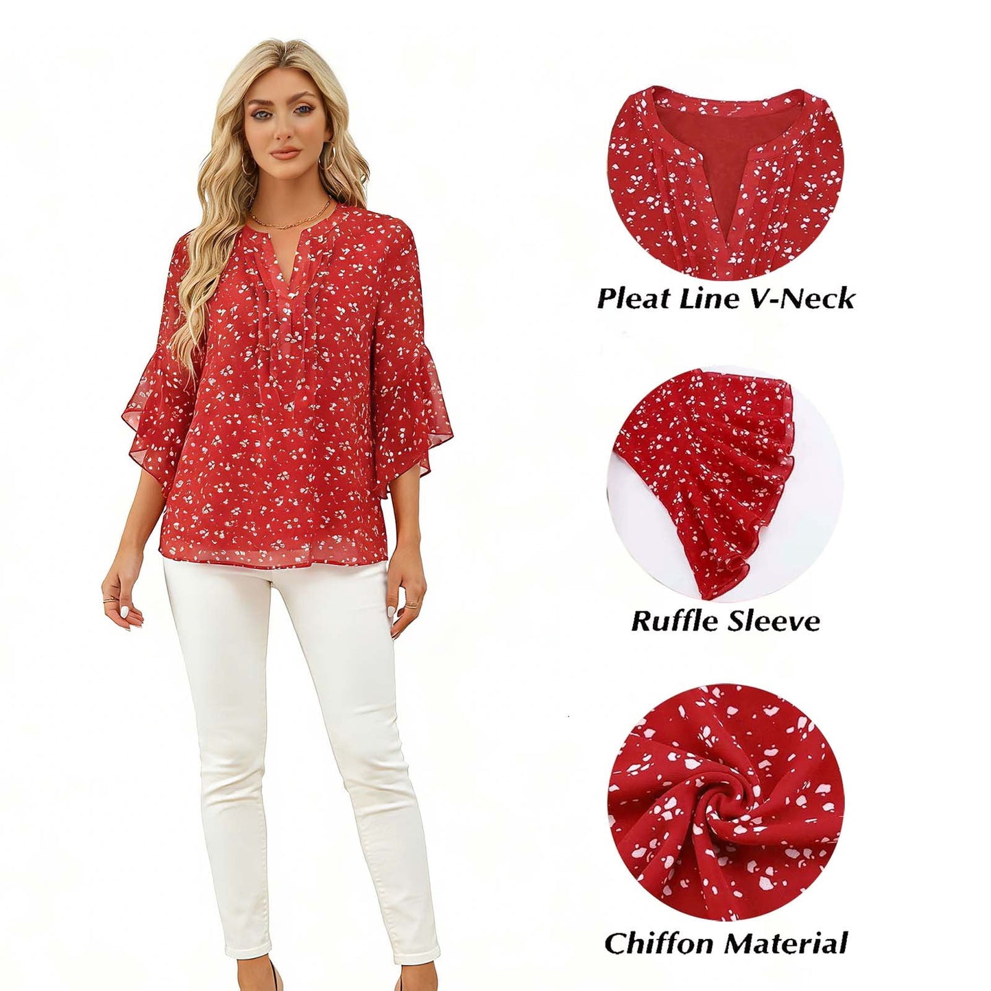Gingprous Chiffon V-neck Blouse for Women Ruffed 3/4 Sleeve Tops Baggy Casual Business Blouse