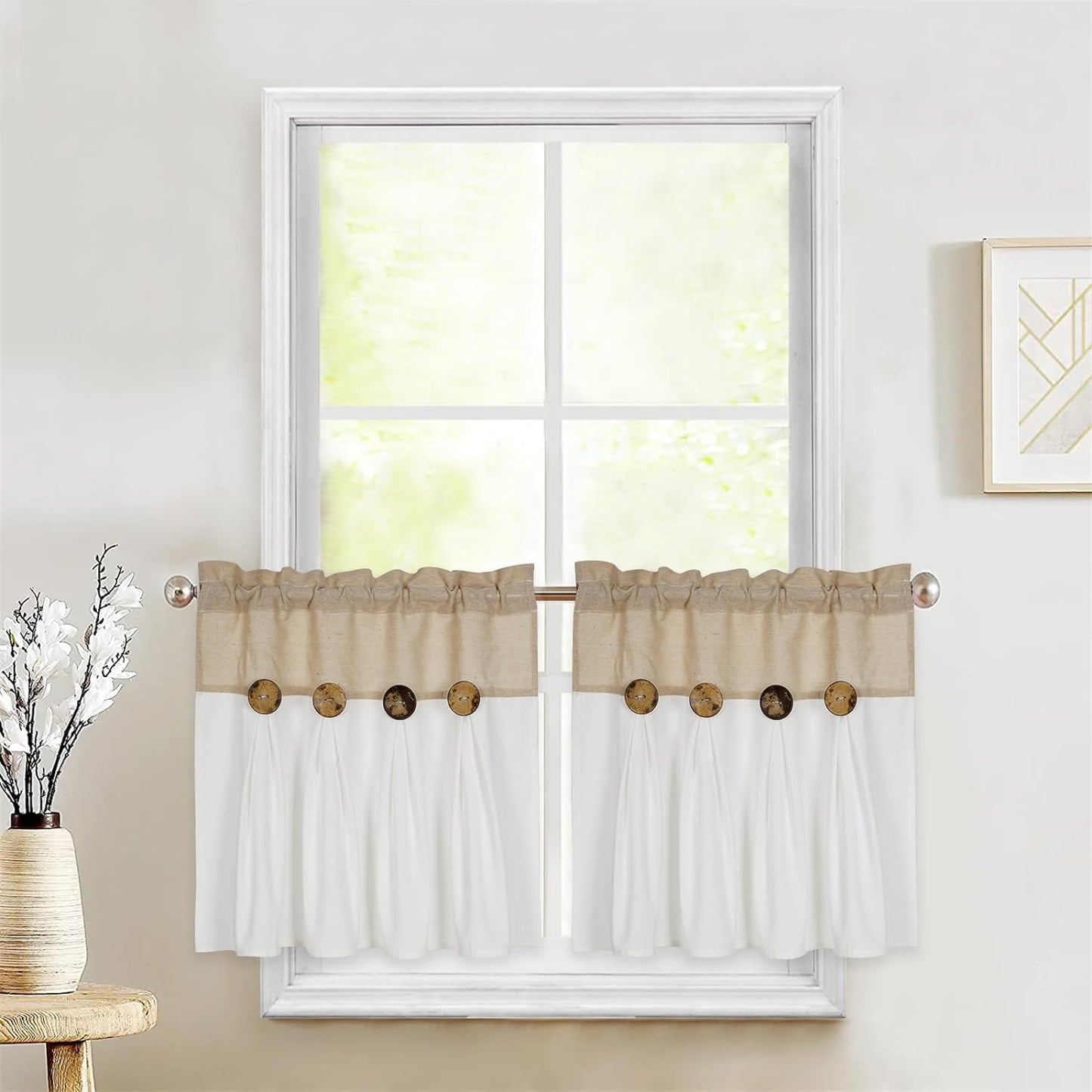 Alishomtll Linen Kitchen Curtains 24 inch Farmhouse Boho Button Light Filtering Window Drapes,Rod Pocket,24"L x 26"W, 2 Panel,White Linen