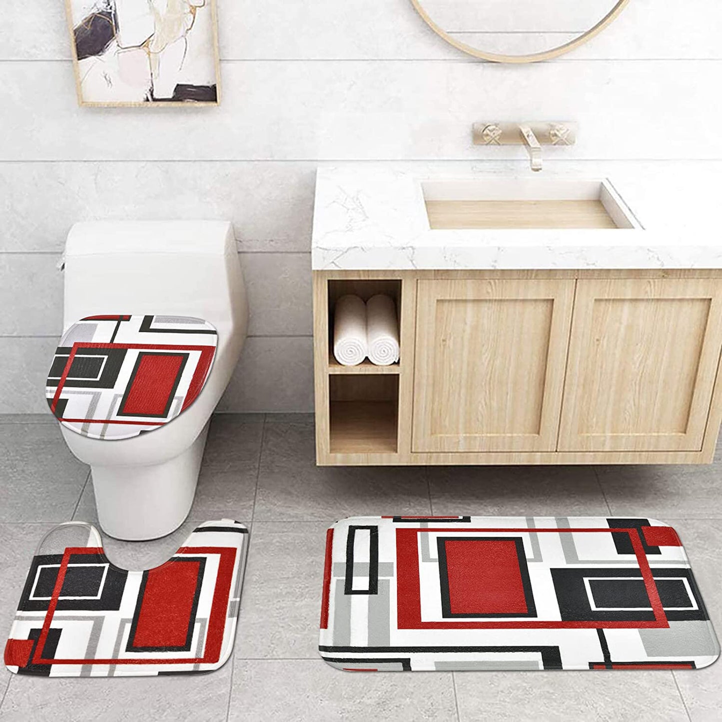 FRAMICS Red Black Geometric Shower Curtain and Rug Sets, 16 Pc Modern Abstract Bathroom Sets, Waterproof Fabric Shower Curtain with 12 Hooks and Toilet Rugs