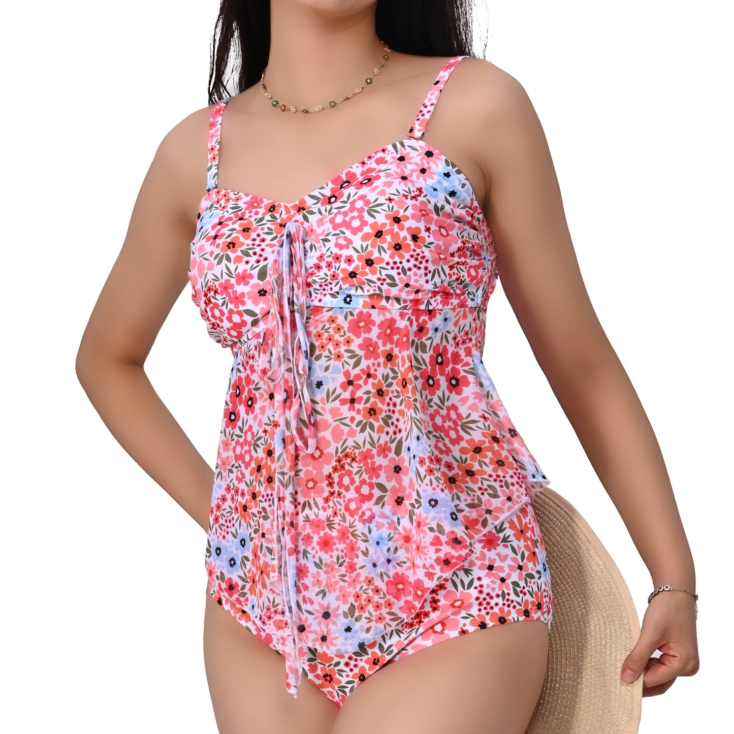 MecTo Swimsuit for Women 2 Piece Bathing Suit High Waisted Tummy Control Flower Prints Skirt Bikini Tankini Set Swimwear