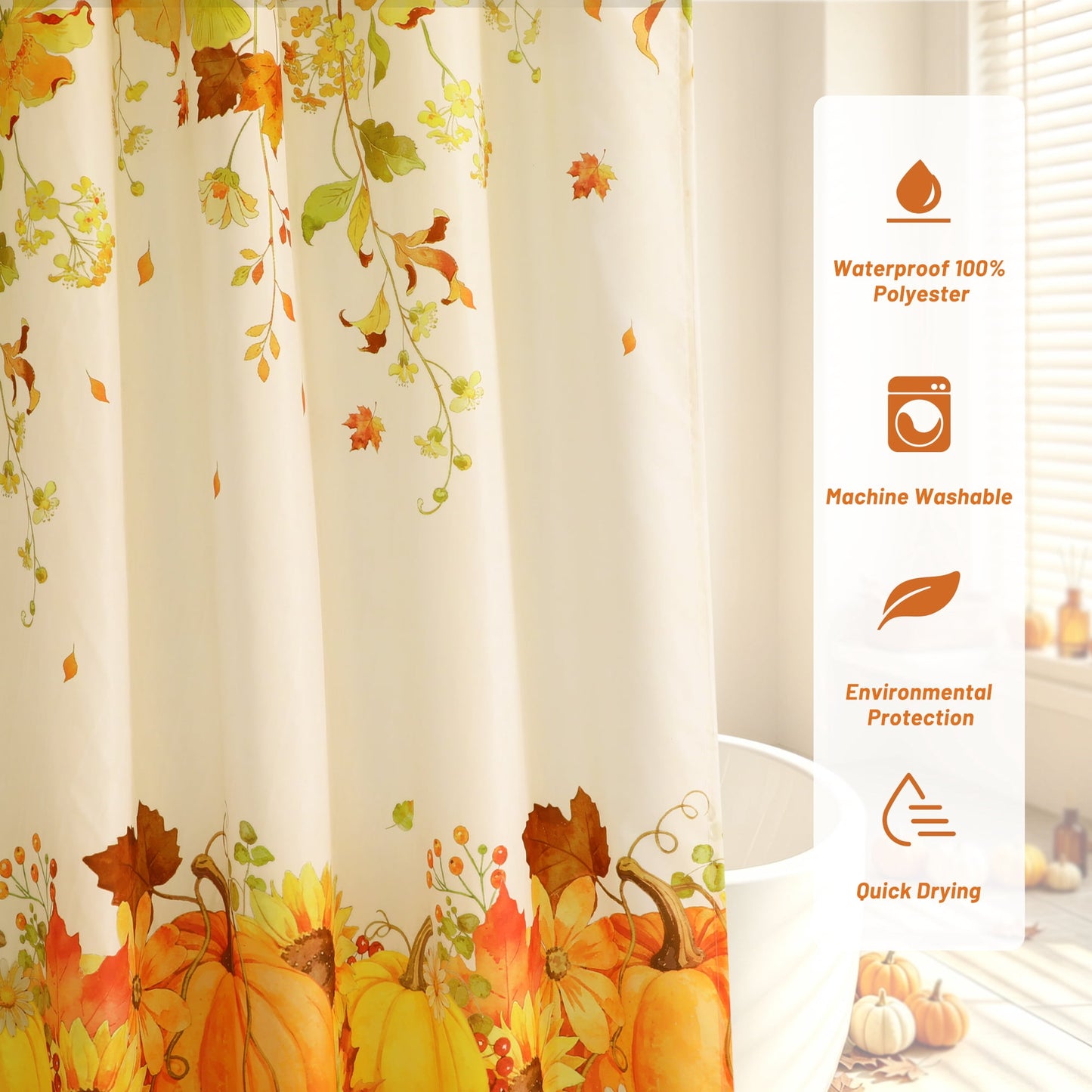 FRAMICS Fall Pumpkin Shower Curtain Sets with Rugs, 16-Piece Thanksgiving Sunflower Buffalo Plaid Bathroom Sets with Hooks, Waterproof Fabric Bathroom Decor Set