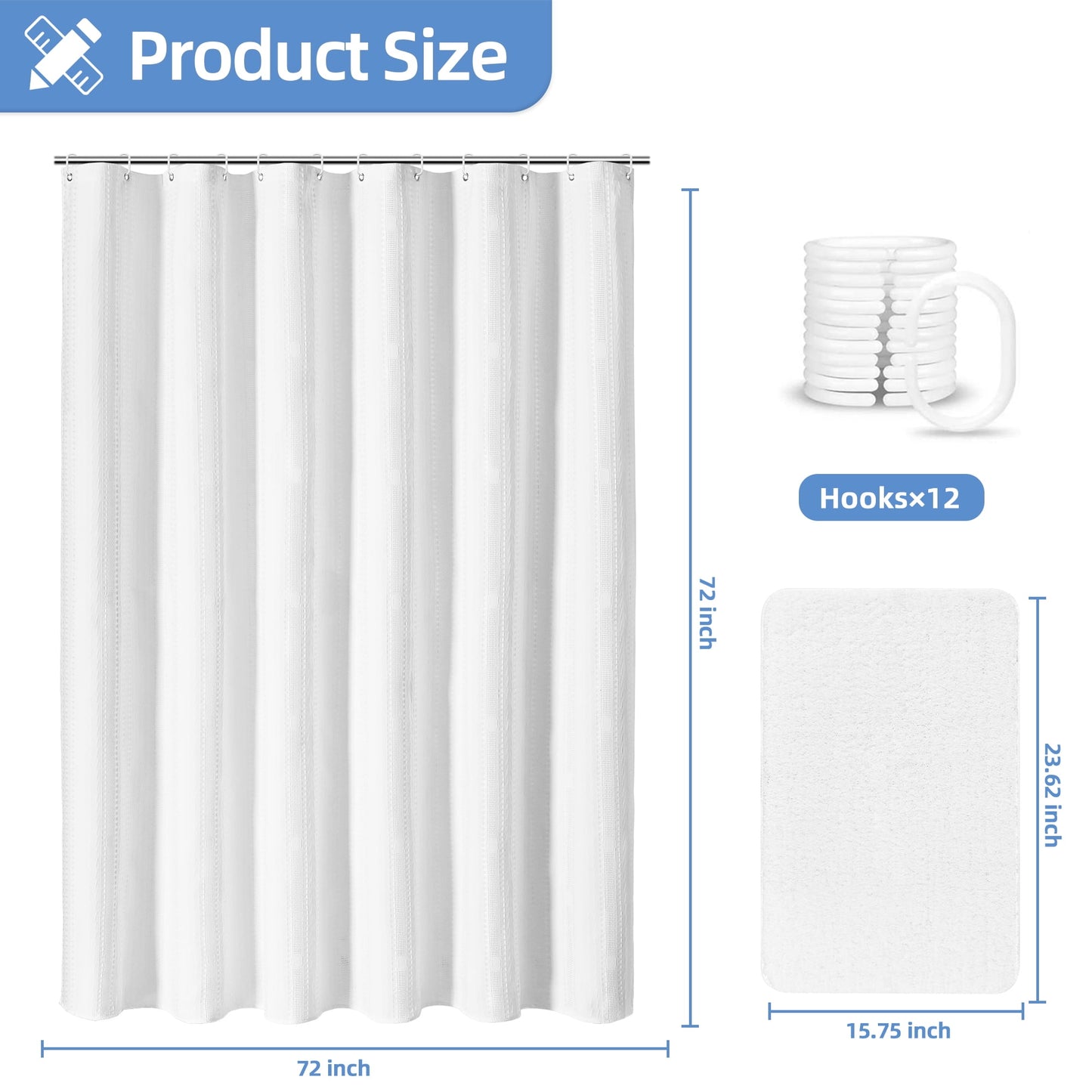 FRAMICS Waffle Shower Curtain Sets with Non-Slip Rug & 12 Hooks, Luxury Heavy Duty Waterproof Fabric Bathroom Sets, 72" x 72", White