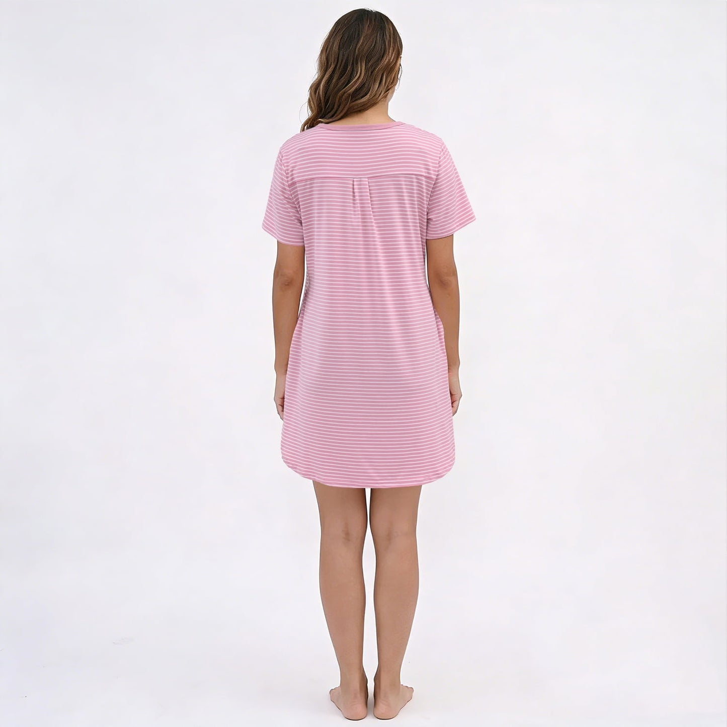 MecTo Women's Soft Cotton Nightgown, Short Sleeve V-Neck Button Down Sleepshirt with Pockets, Casual Striped Night Gowns for Women