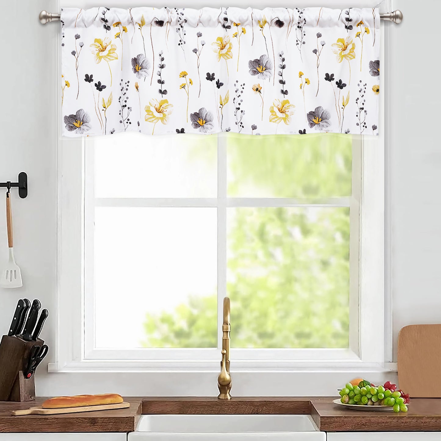 Alishomtll Floral Valance Curtains Kitchen Yellow Wildflower Flower Leaf Windows Drapes,52 x 18 inch,Rod Pocket