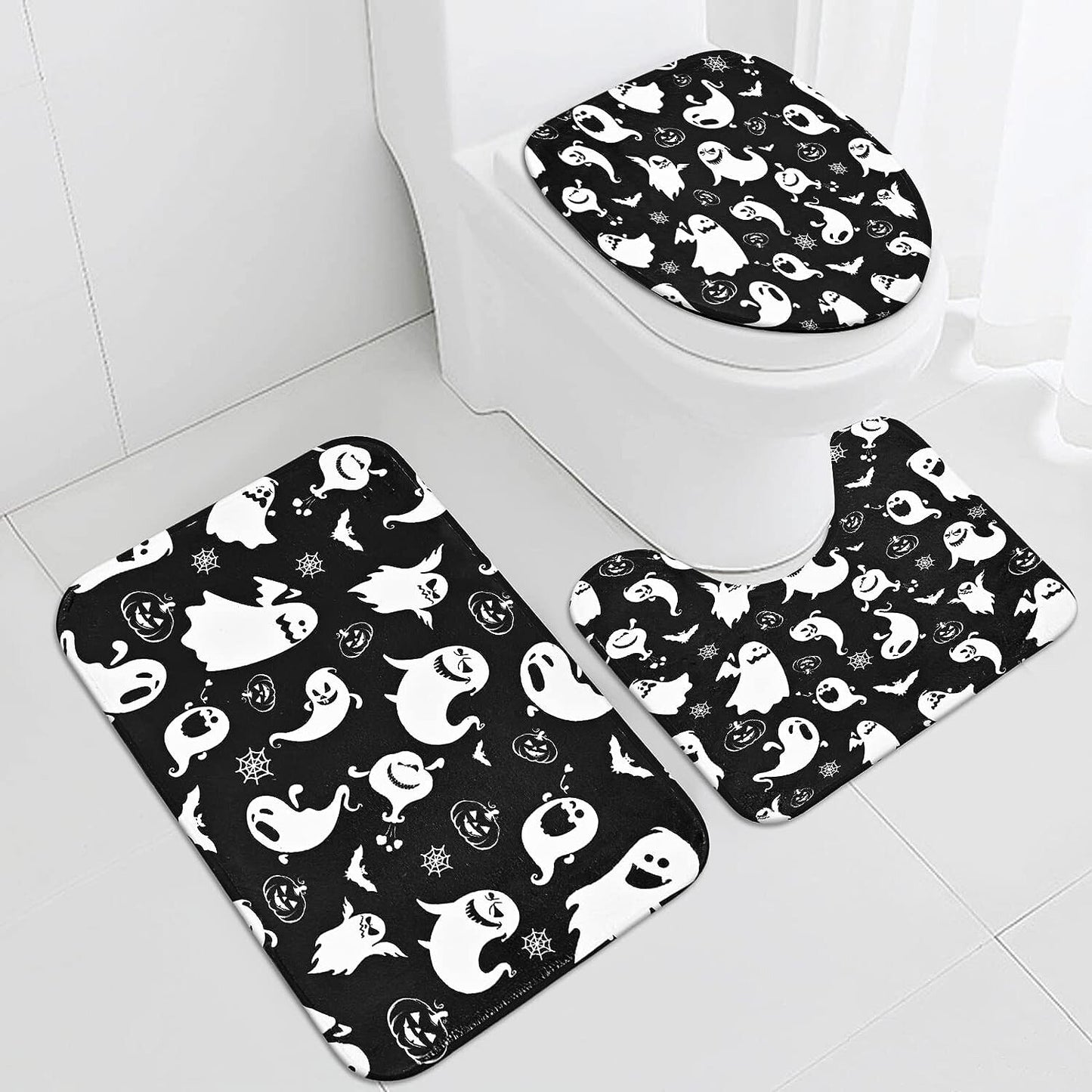 FRAMICS Halloween Ghost Shower Curtain Sets with Rugs and Accessories, 16 Pc Funny Spook Bathroom Sets, Black White Waterproof Fabric Shower Curtain with 12 Hooks and Toilet Rugs