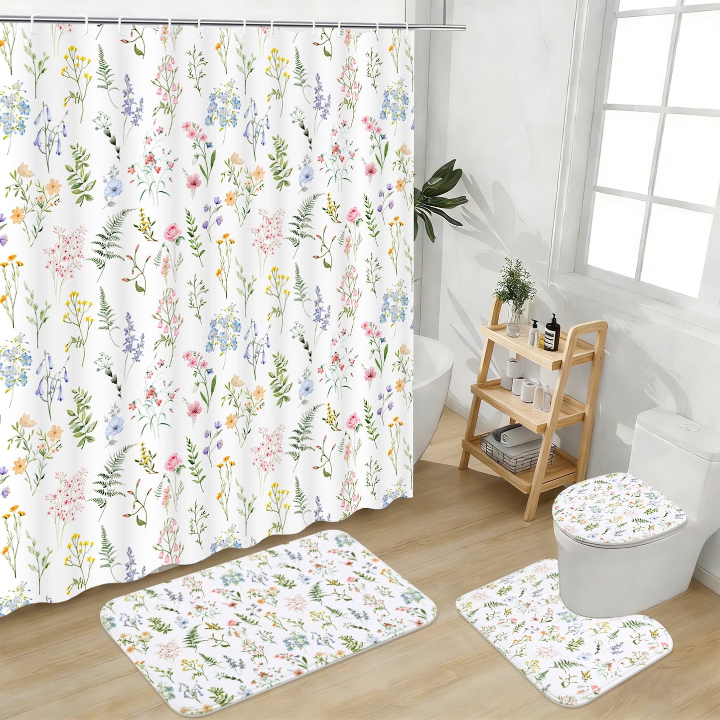FRAMICS Watercolor Floral Shower Curtain Sets with Rugs, Colorful Wildflower Bathroom Sets with Hooks, Waterproof Fabric Bathroom Curtains, Machine Washable
