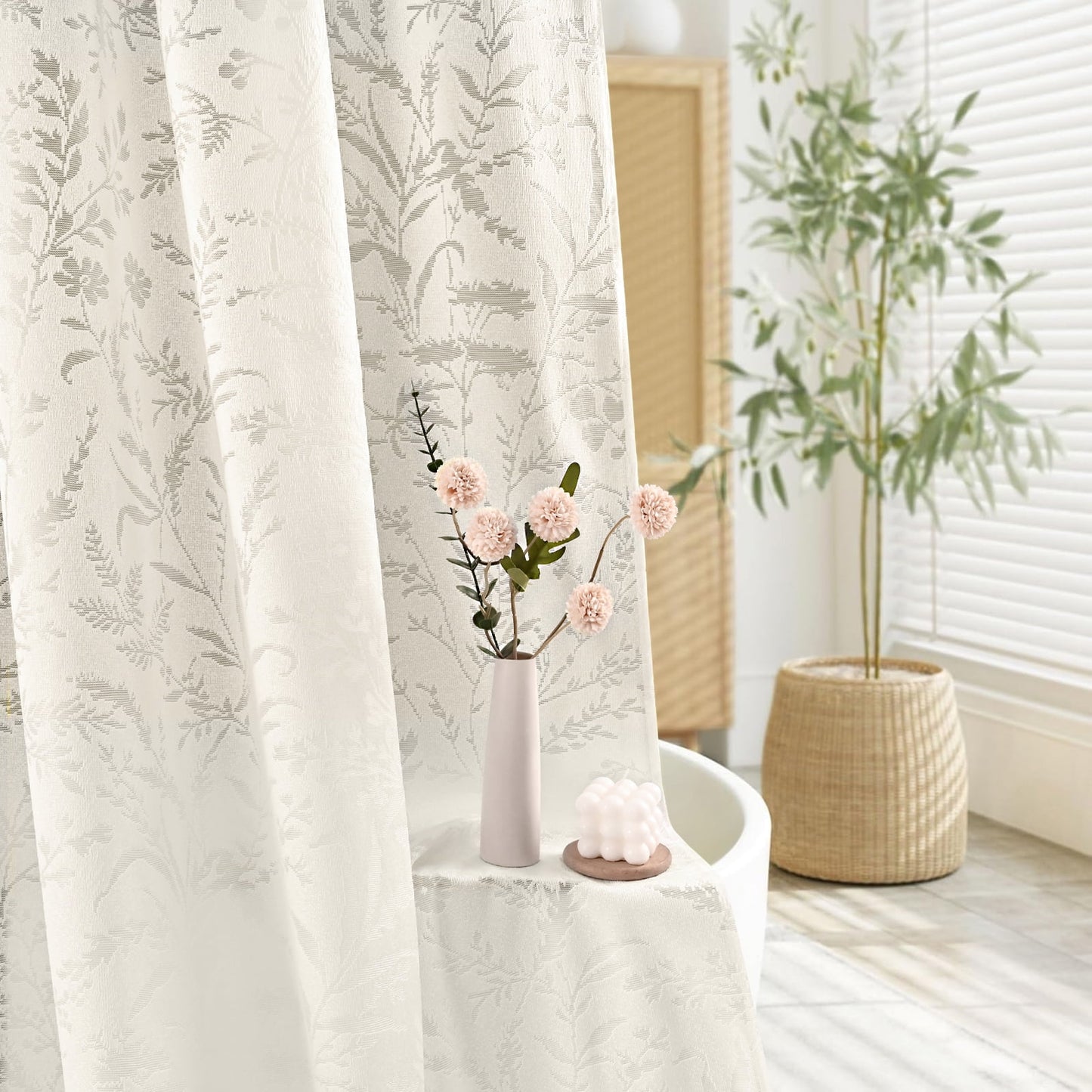 FRAMICS Vintage Lace Shower Curtain Sets with Rug and Hooks, Waterproof Fabric Semi Sheer Leaf Floral Bathroom Sets, Mold Resistant, Beige