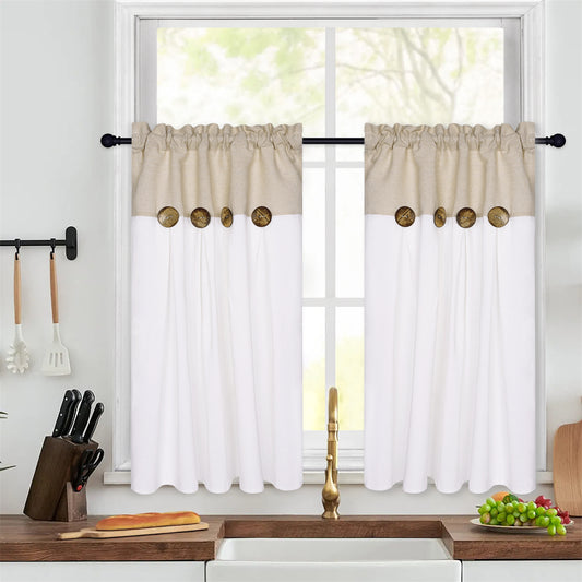 Alishomtll Linen Kitchen Curtains 36 inch Farmhouse Boho Button Light Filtering Window Drapes,Rod Pocket,36"L x 26"W, 2 Panel,White Linen