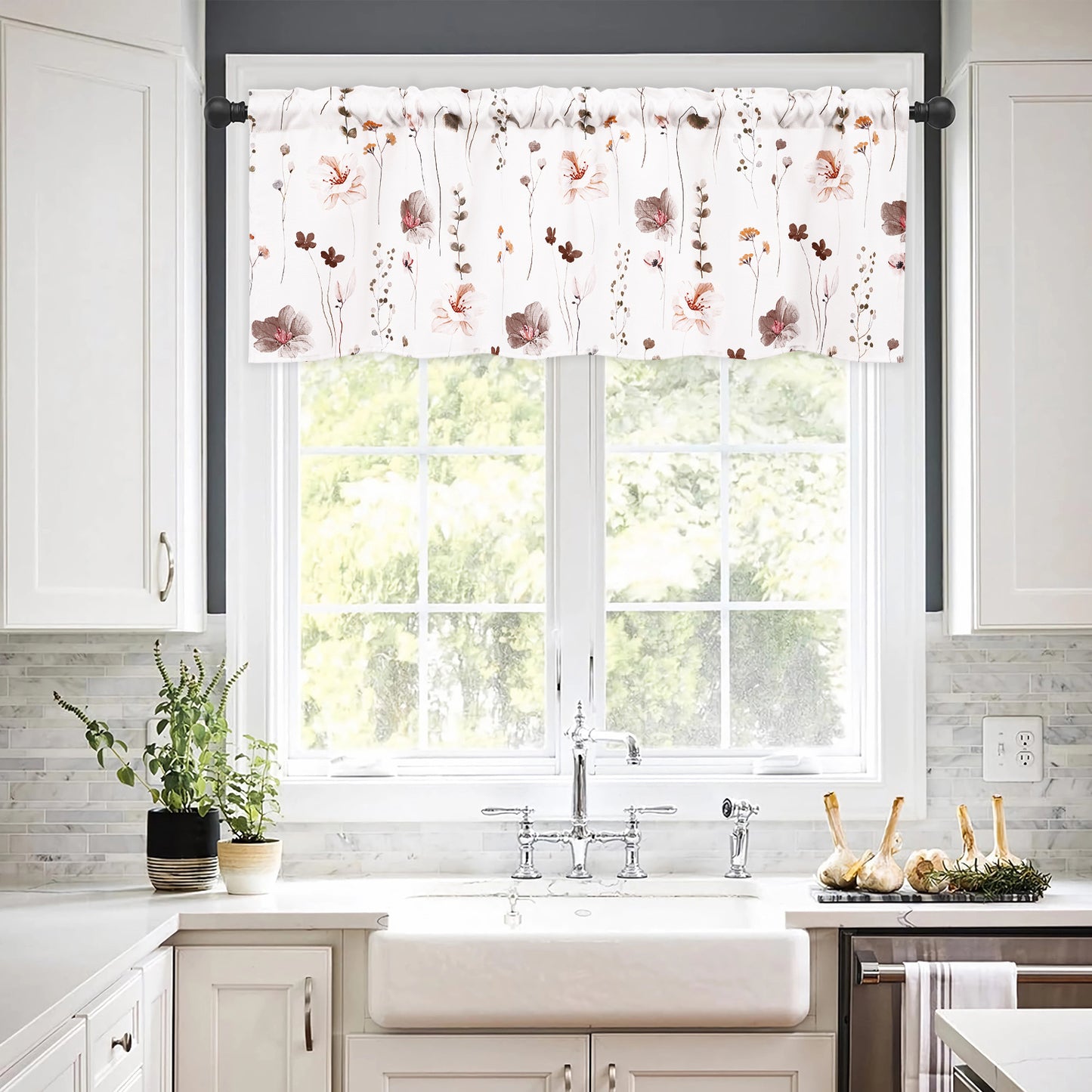 Alishomtll Floral Valance Curtains Kitchen Brown Wildflower Flower Leaf Windows Drapes,52 x 18 inch,Rod Pocket