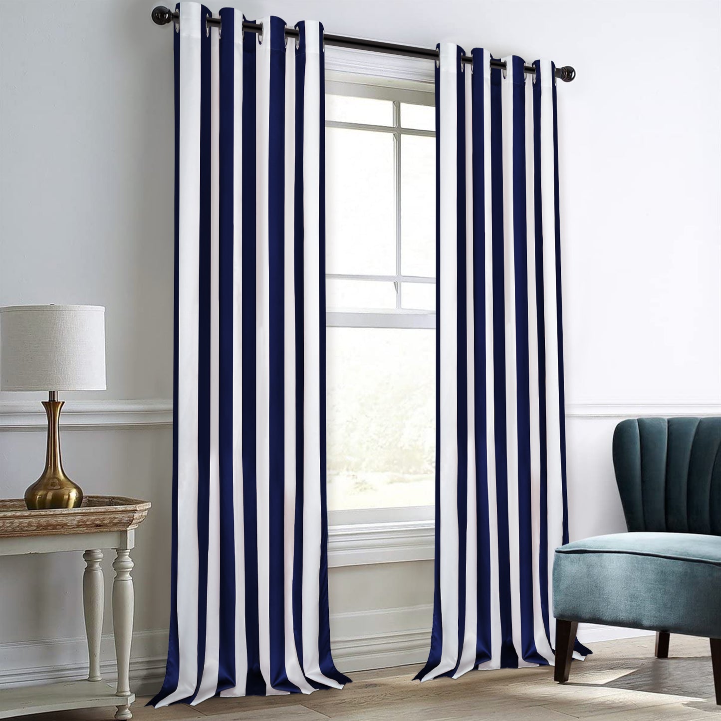 Alishomtll Curtains Satin Light Filtering Grommet Window Drapes For Bedroom Living Room,52”X 84”L,2 Panels,Blue White Striped