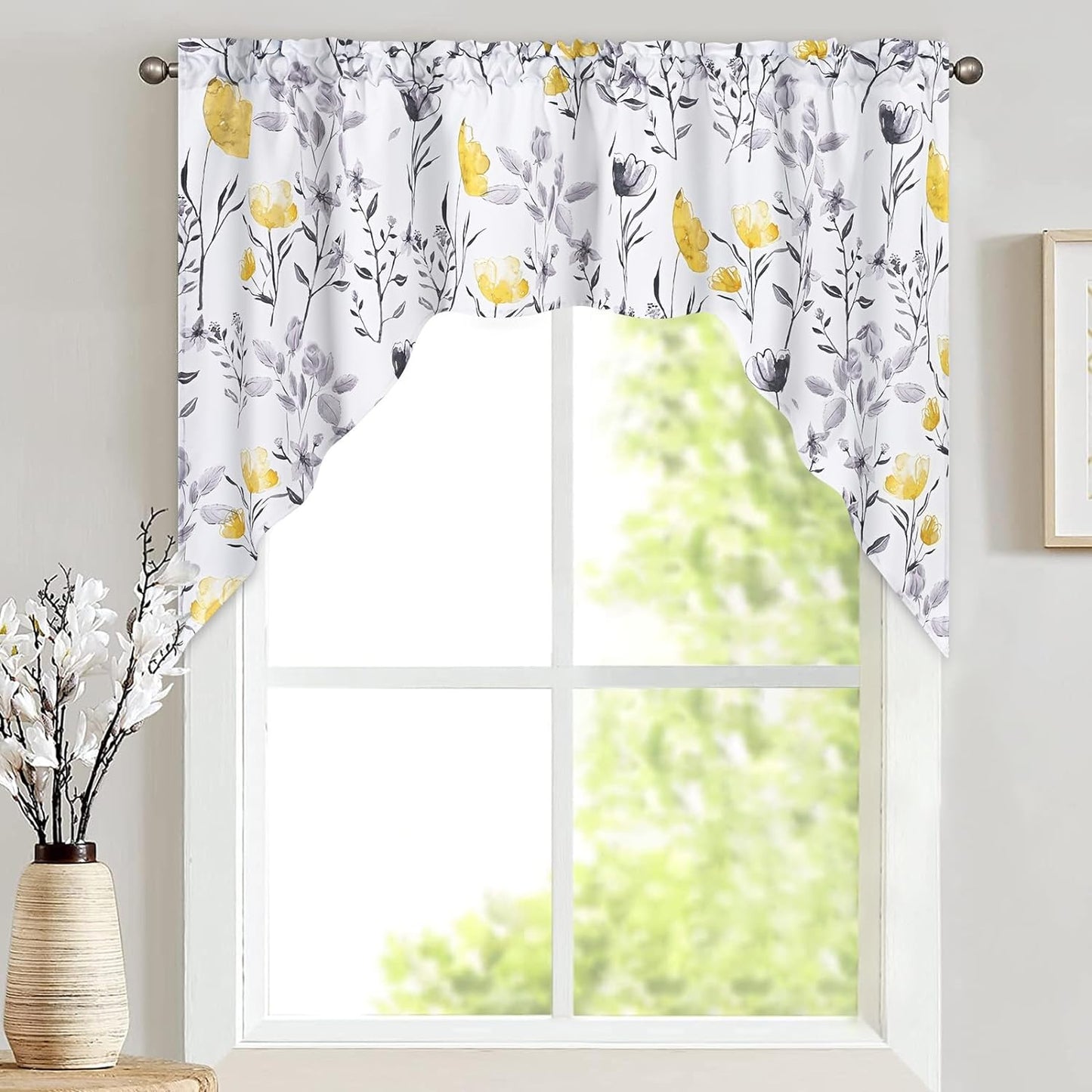 Alishomtll Kitchen Curtains Valances Swags for Windows Yellow Floral Printed Window Drapes,61" W x 36" L,Rod Pocket