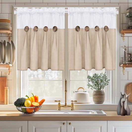 Alishomtll Linen Kitchen Curtains 24 inch Farmhouse Boho Button Light Filtering Window Drapes,Rod Pocket,24"L x 26"W, 2 Panel,Linen White