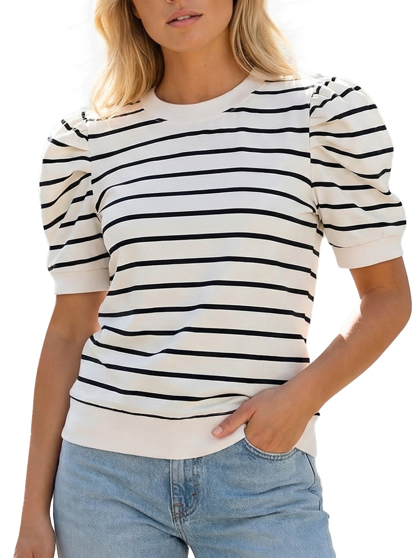 Gingprous Womens Striped Puff Sleeve T-Shirt Casual Crew Neck Knit Top Short Sleeve Summer Spring Blouse